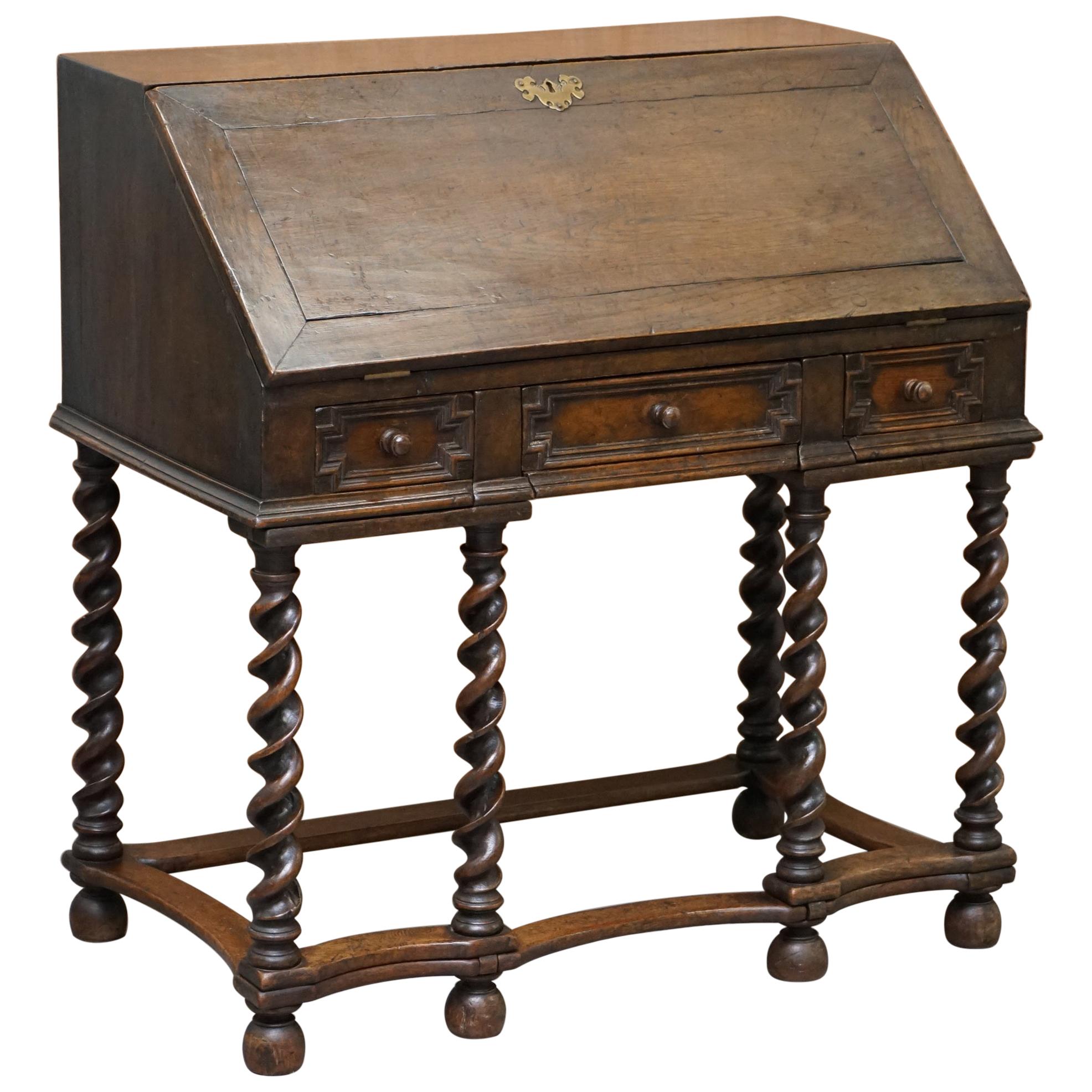 Rare William & Mary circa 1690 English Oak Barley Twist Bureau Desk on Stand