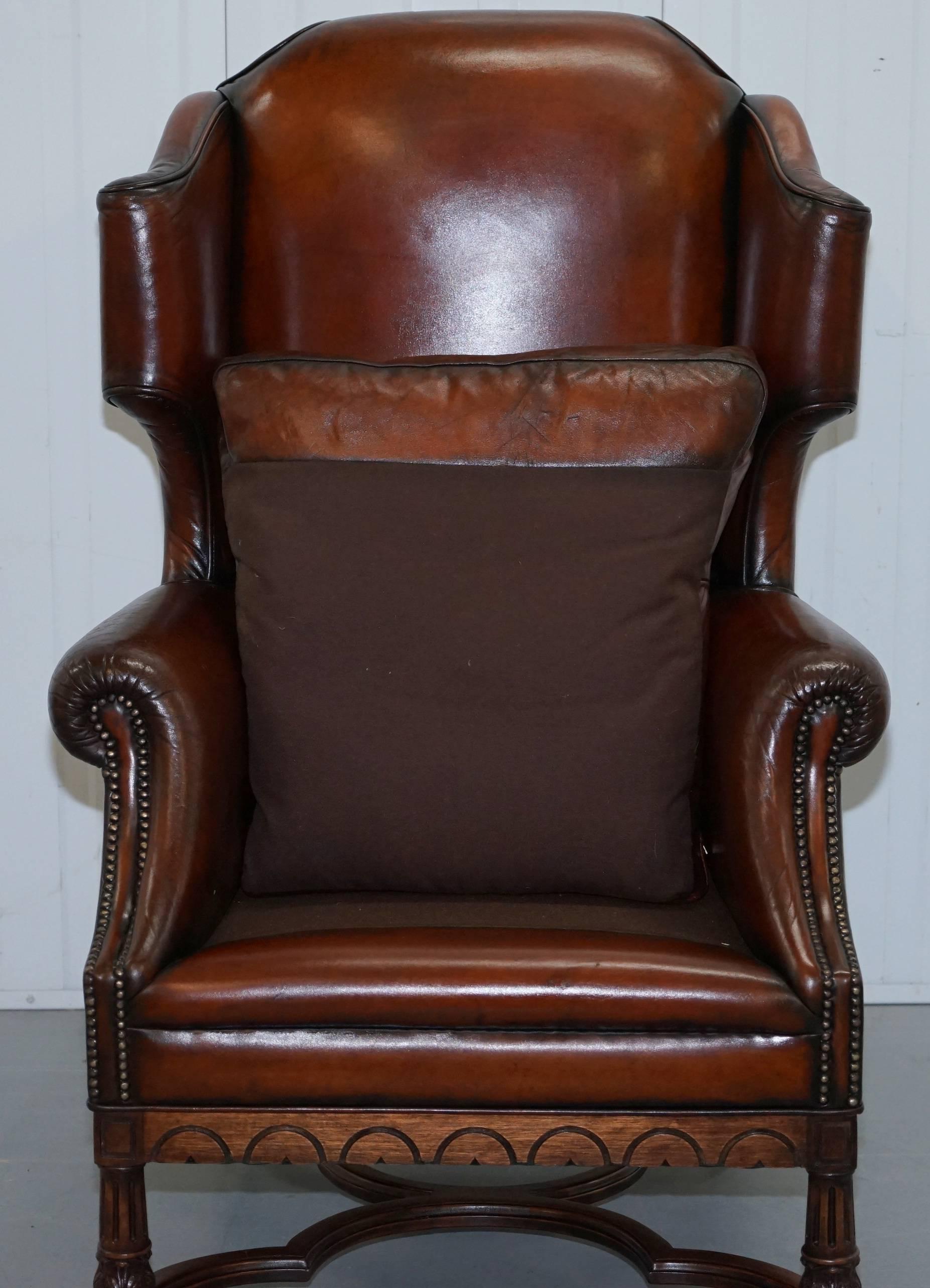 Rare William & Mary Style Antique Victorian Wingback Brown Leather Armchair 4