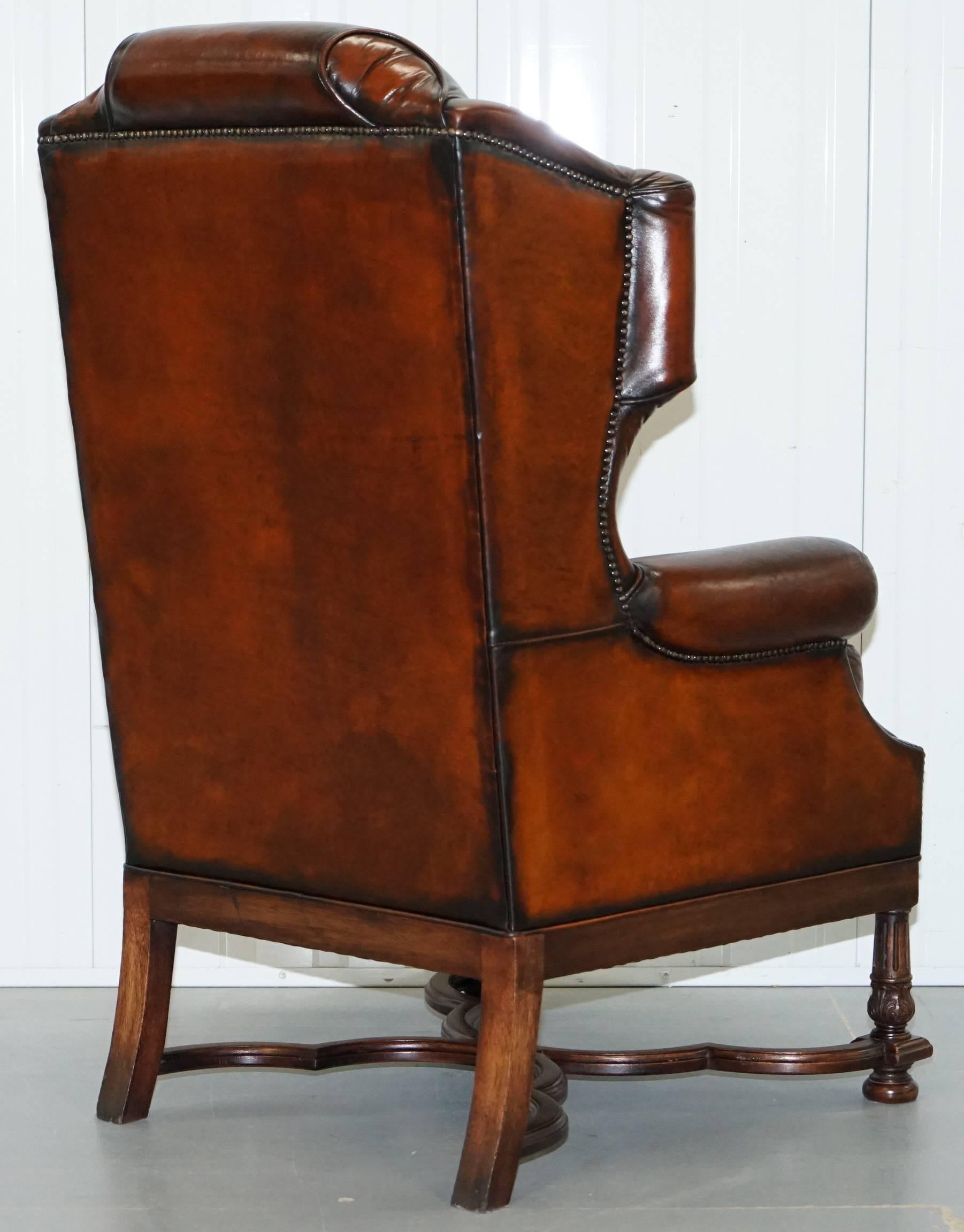 Rare William & Mary Style Antique Victorian Wingback Brown Leather Armchair 6