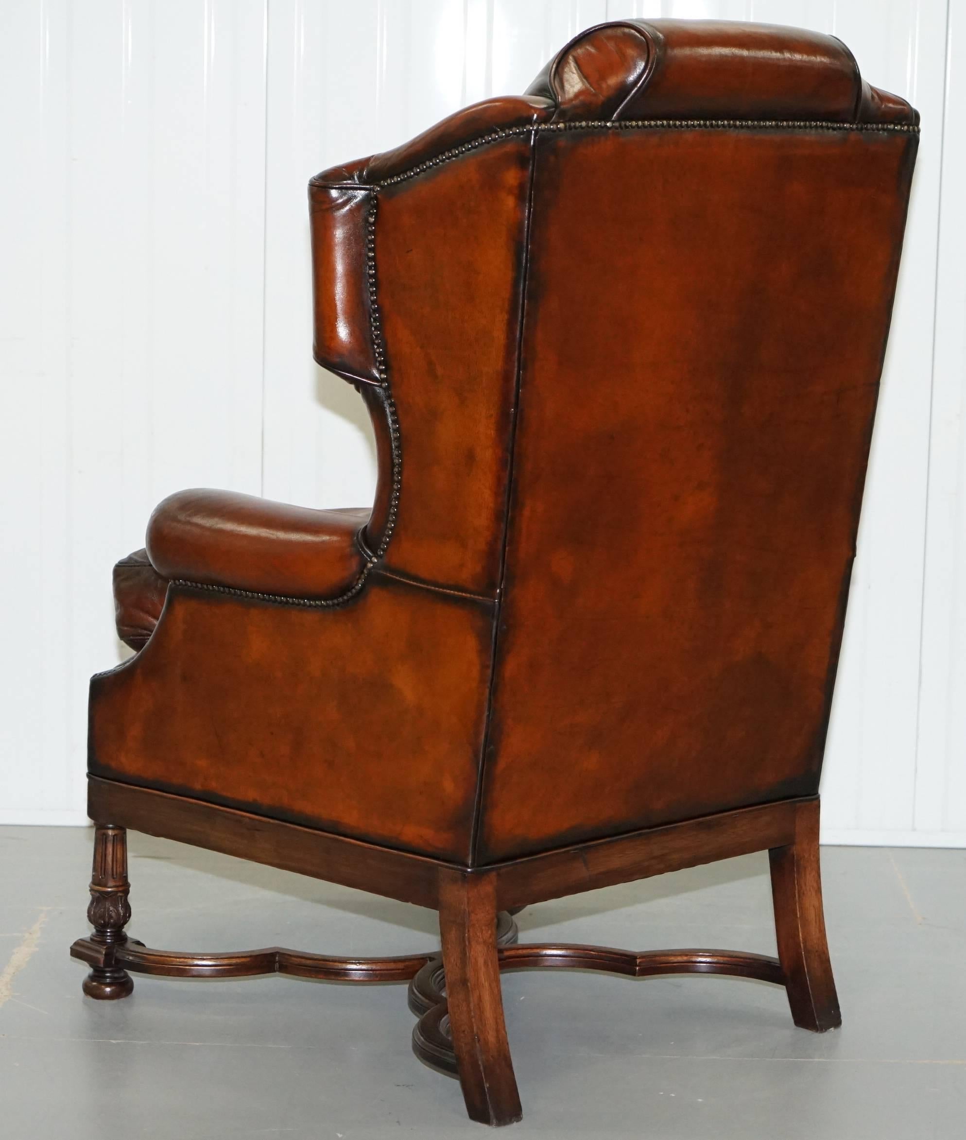 Rare William & Mary Style Antique Victorian Wingback Brown Leather Armchair 8