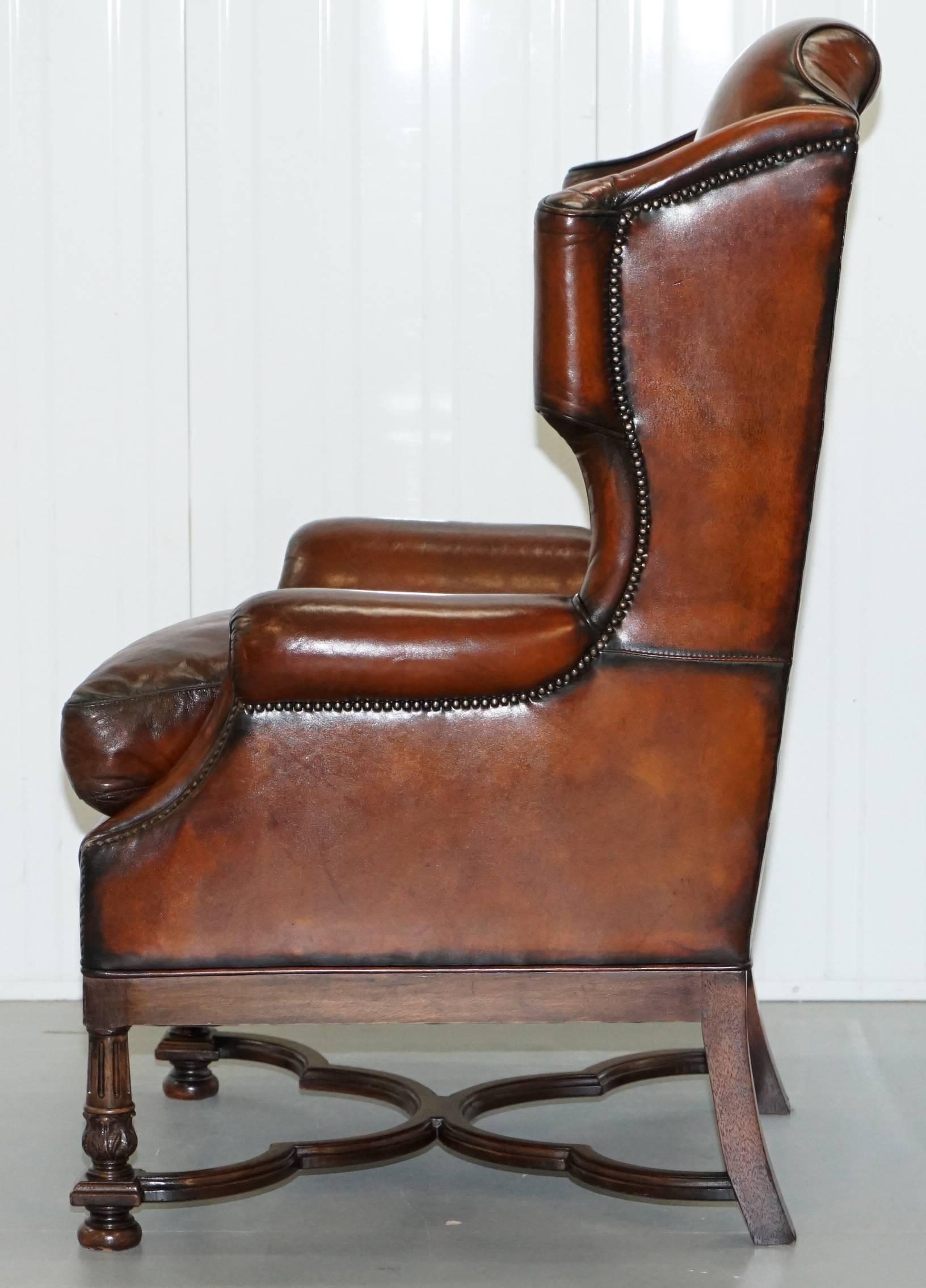 Rare William & Mary Style Antique Victorian Wingback Brown Leather Armchair 9