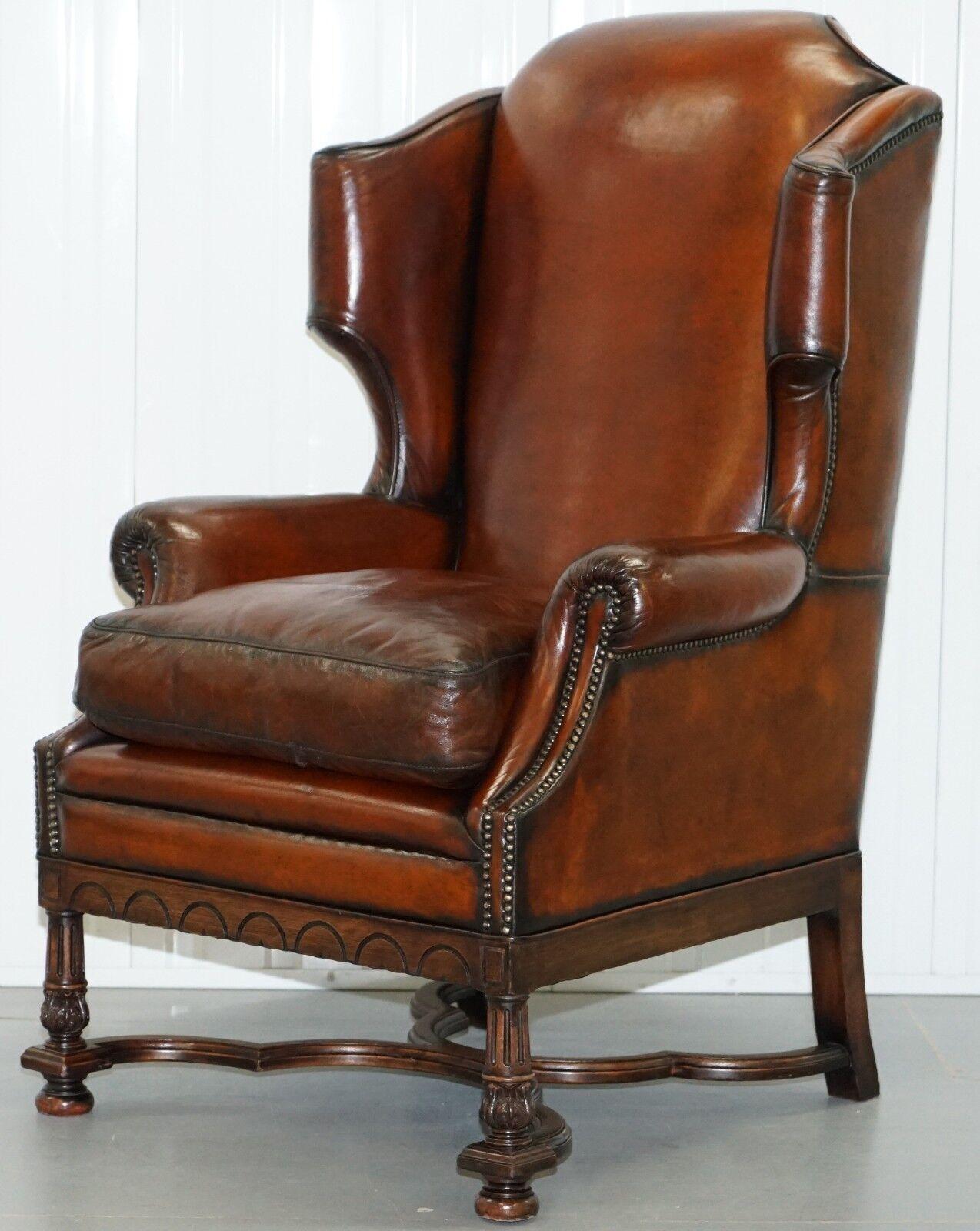 Victorian RARE WILLIAM & MARY STYLE ANTIQUE VICTORIAN WINGBACK BROWN LEATHER ARMCHAiR