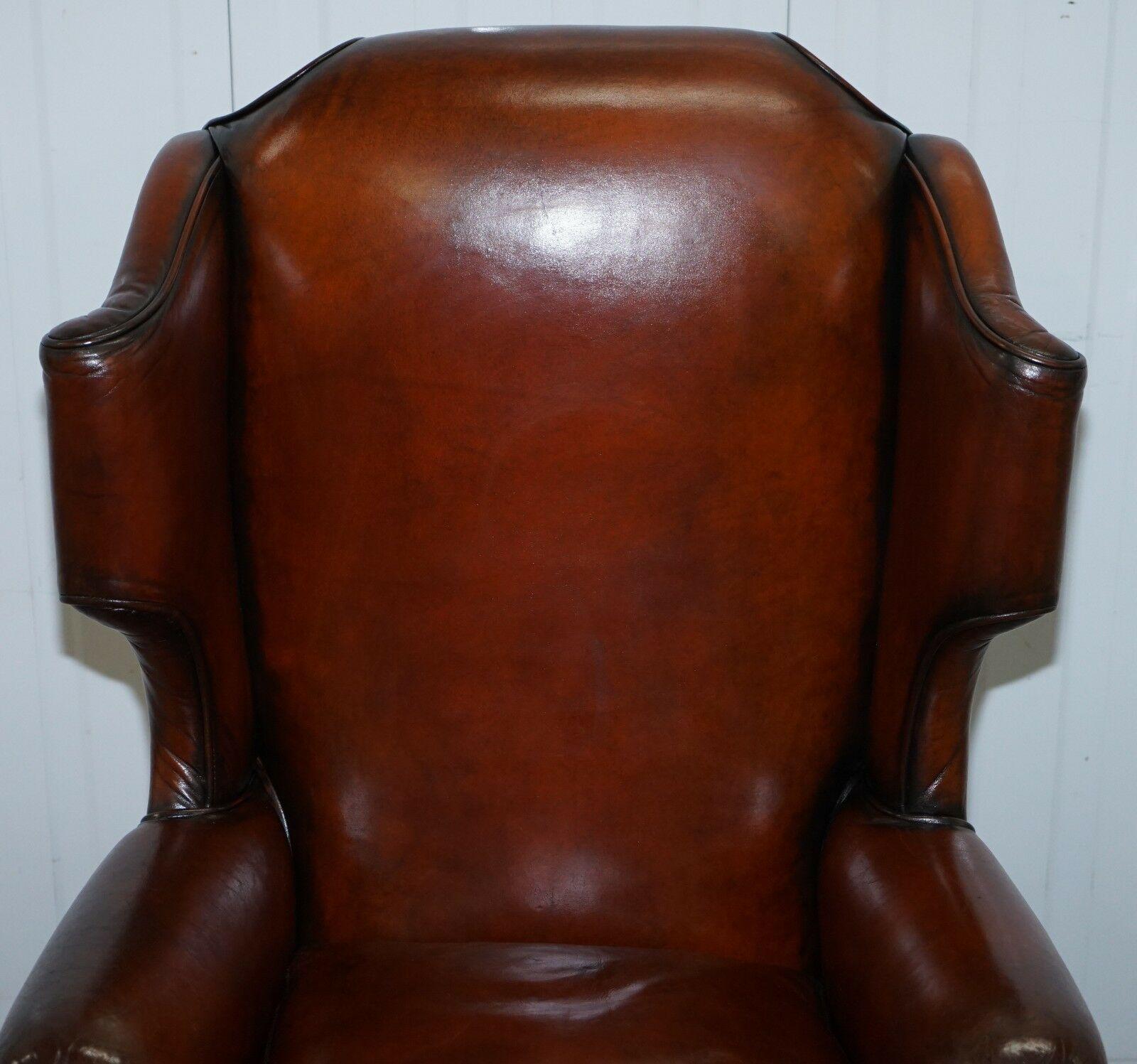 Hand-Crafted RARE WILLIAM & MARY STYLE ANTIQUE VICTORIAN WINGBACK BROWN LEATHER ARMCHAiR