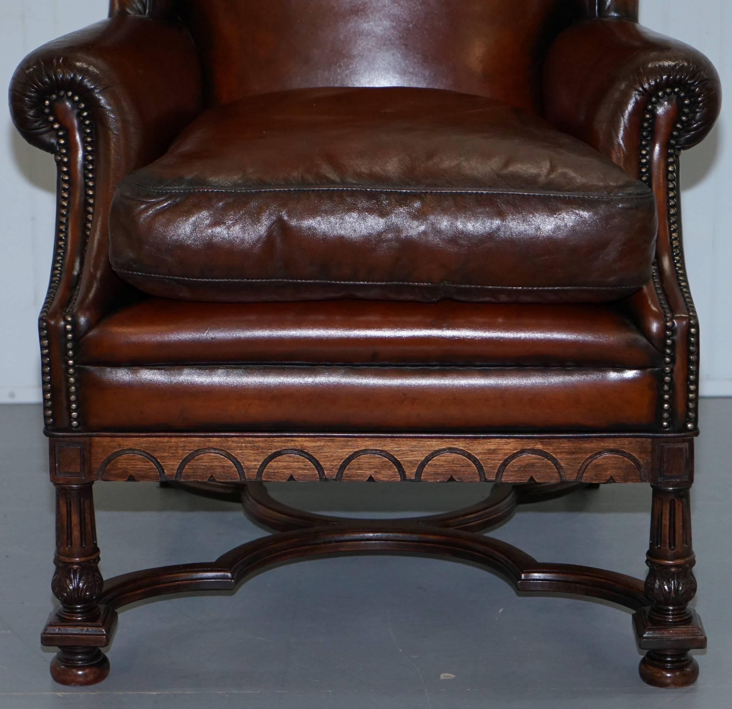 Hand-Crafted Rare William & Mary Style Antique Victorian Wingback Brown Leather Armchair