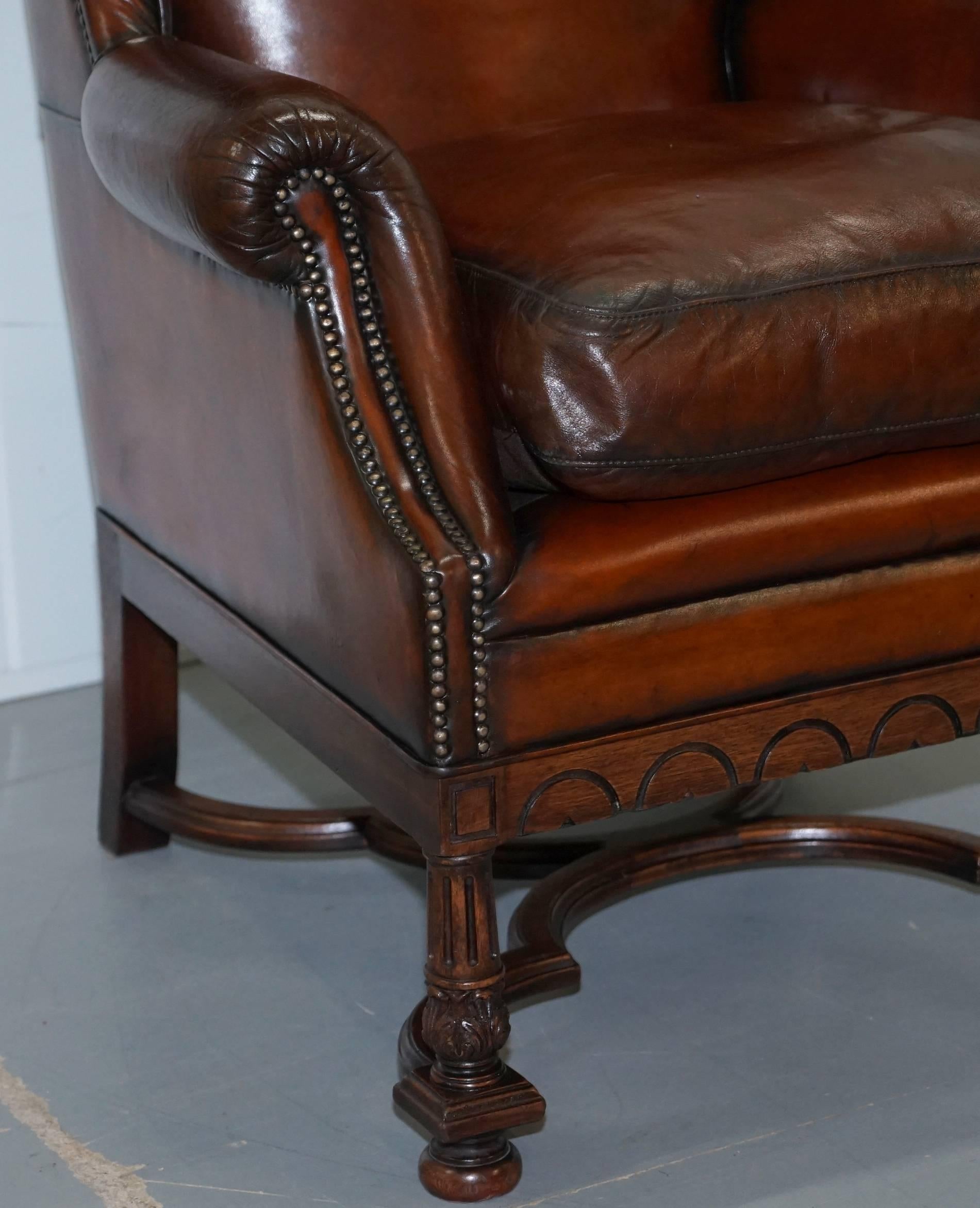 19th Century Rare William & Mary Style Antique Victorian Wingback Brown Leather Armchair