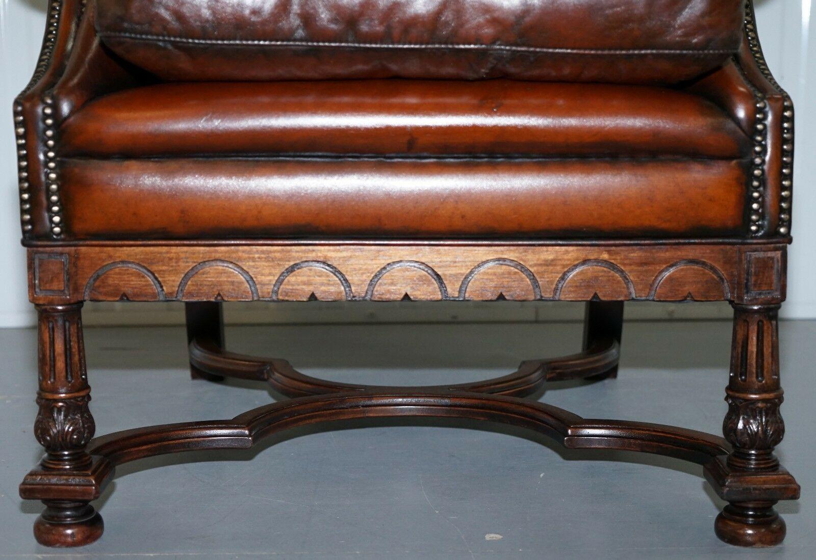 RARE WILLIAM & MARY STYLE ANTIQUE VICTORIAN WINGBACK BROWN LEATHER ARMCHAiR 2