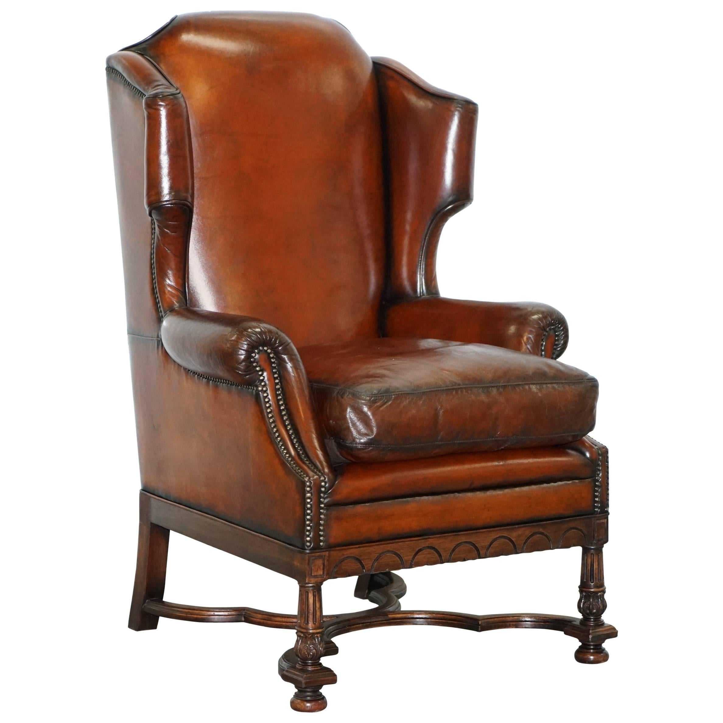 Rare William & Mary Style Antique Victorian Wingback Brown Leather Armchair