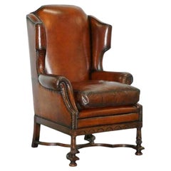RARE WILLIAM & MARY STYLE ANTIQUE VICTORIAN WINGBACK BROWN LEATHER ARMCHAiR