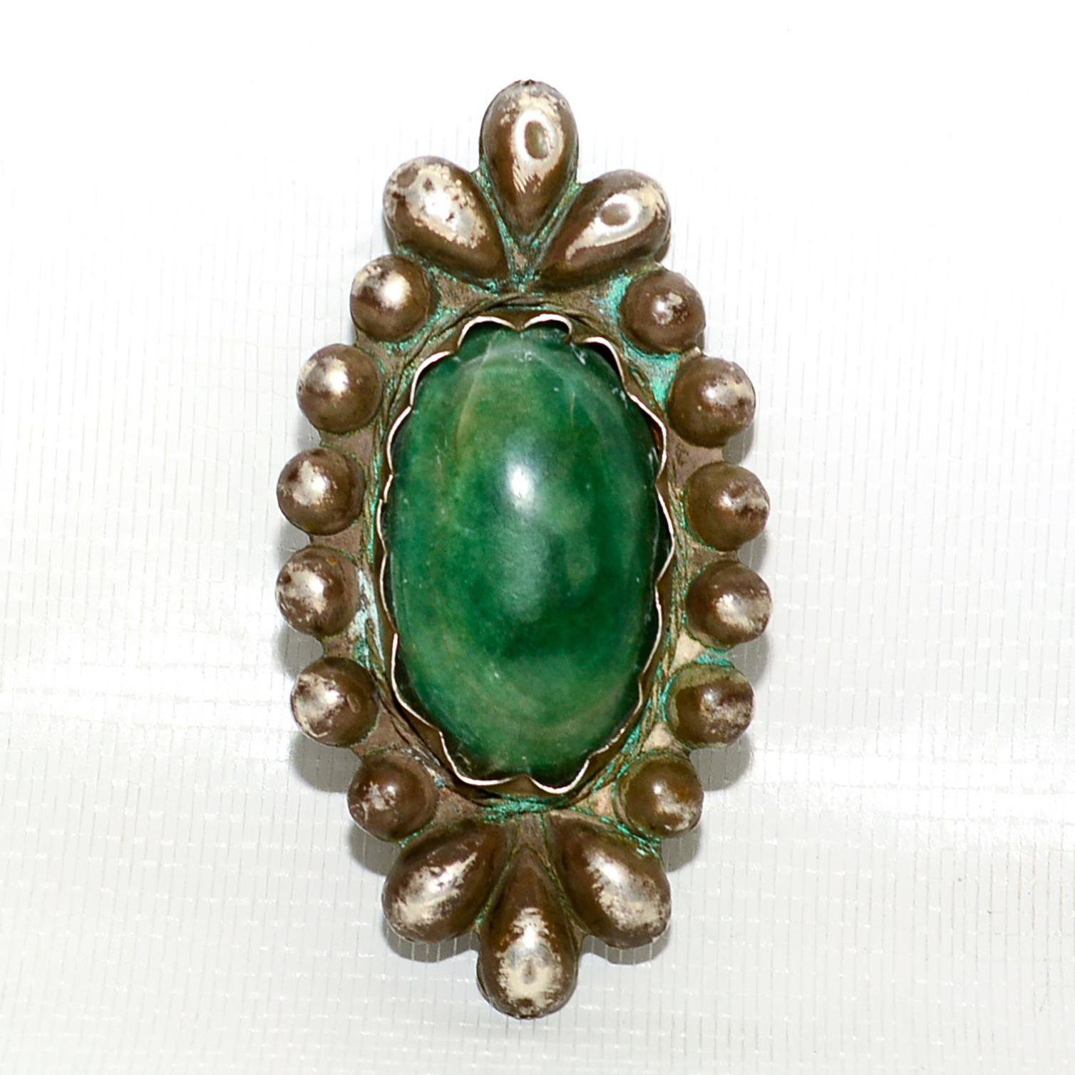 Art Deco Rare William Spratling Brooch Sterling Silver with Mexican Cabochon Jade