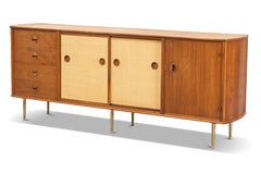 Rare william watting credenza in teak + grasscloth