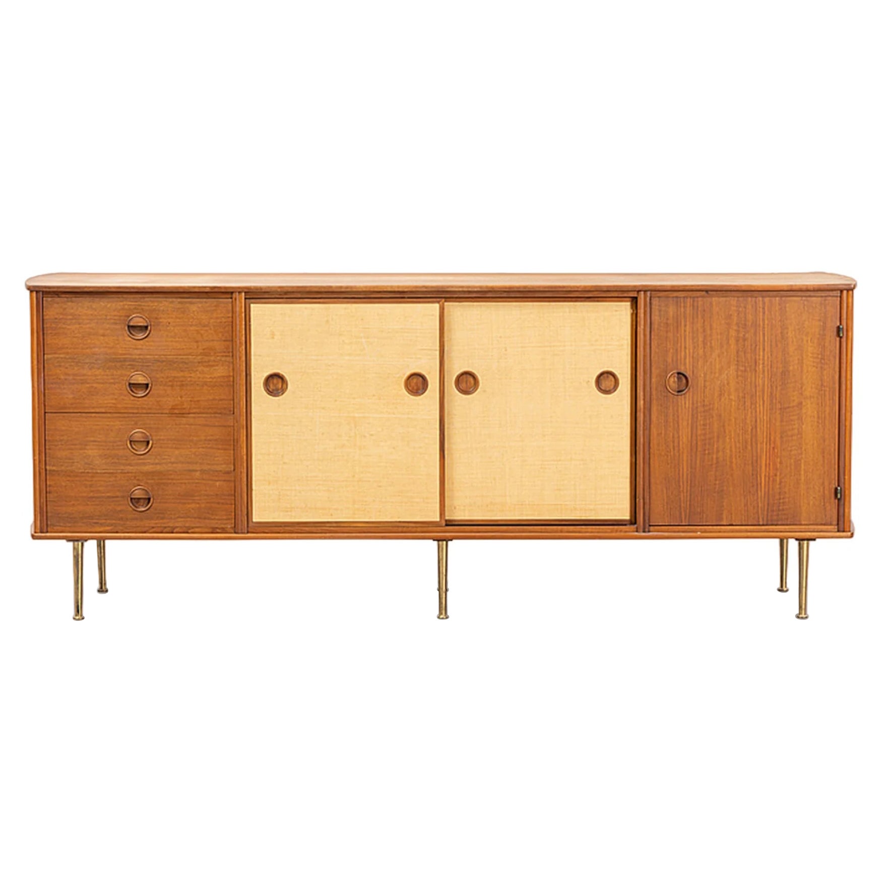 Rare william watting credenza in teak + grasscloth