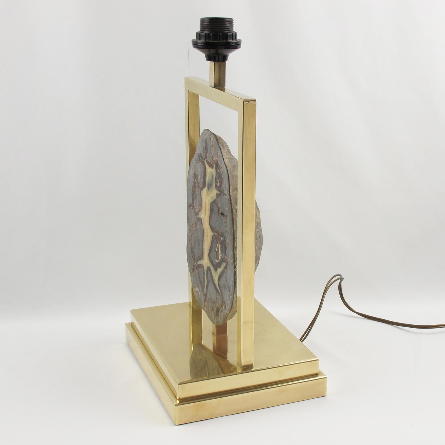 Rare Willy Daro Brass and Geode Stone Table Lamp, circa 1970 For Sale 3