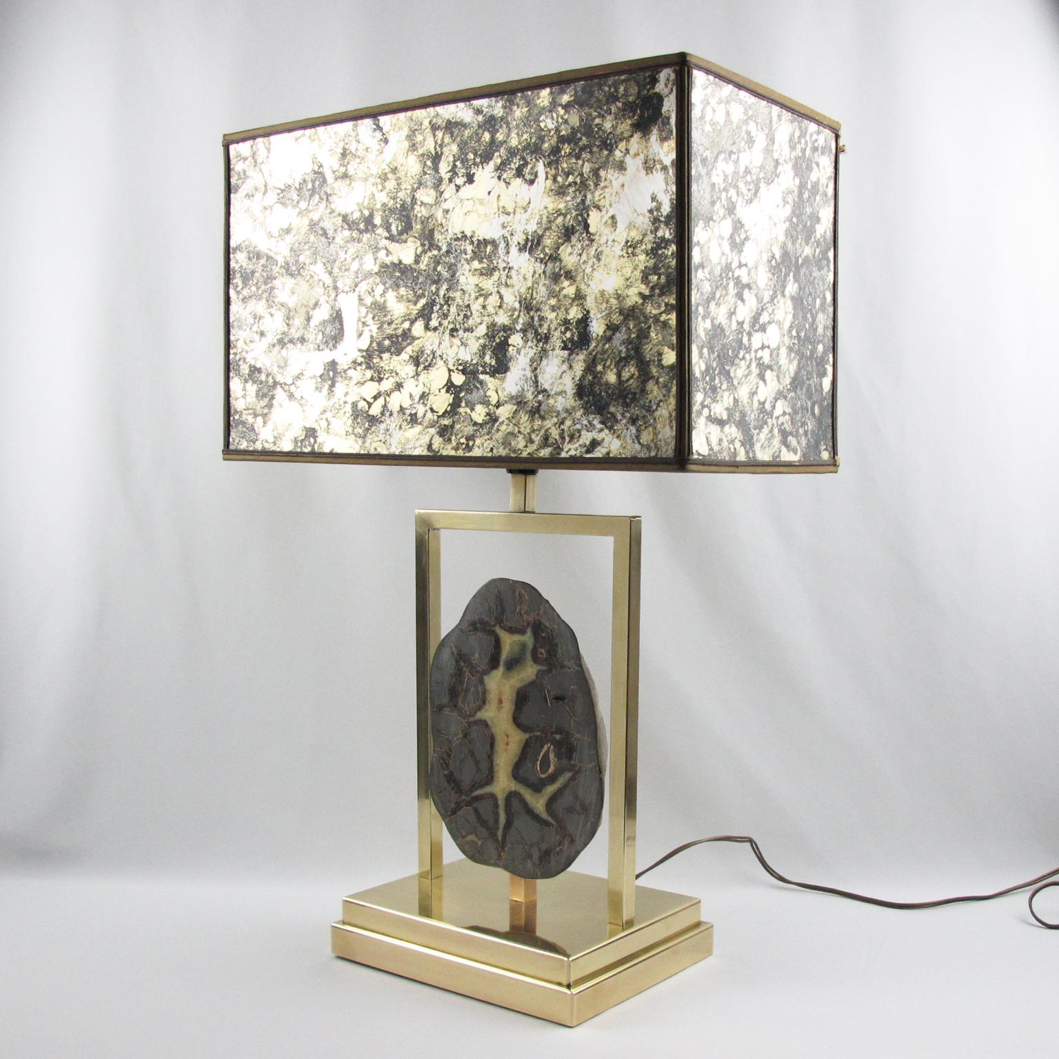 Rare Willy Daro Brass and Geode Stone Table Lamp, circa 1970 For Sale 4