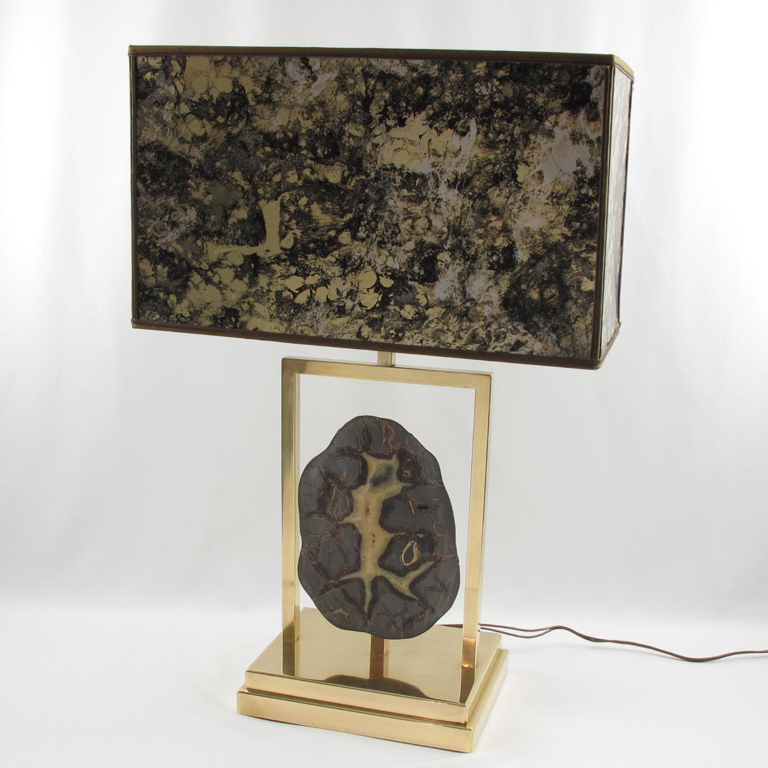Mid-Century Modern Rare Willy Daro Brass and Geode Stone Table Lamp, circa 1970 For Sale