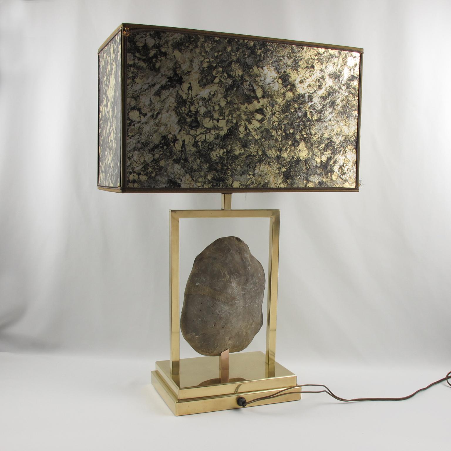 Belgian Rare Willy Daro Brass and Geode Stone Table Lamp, circa 1970 For Sale