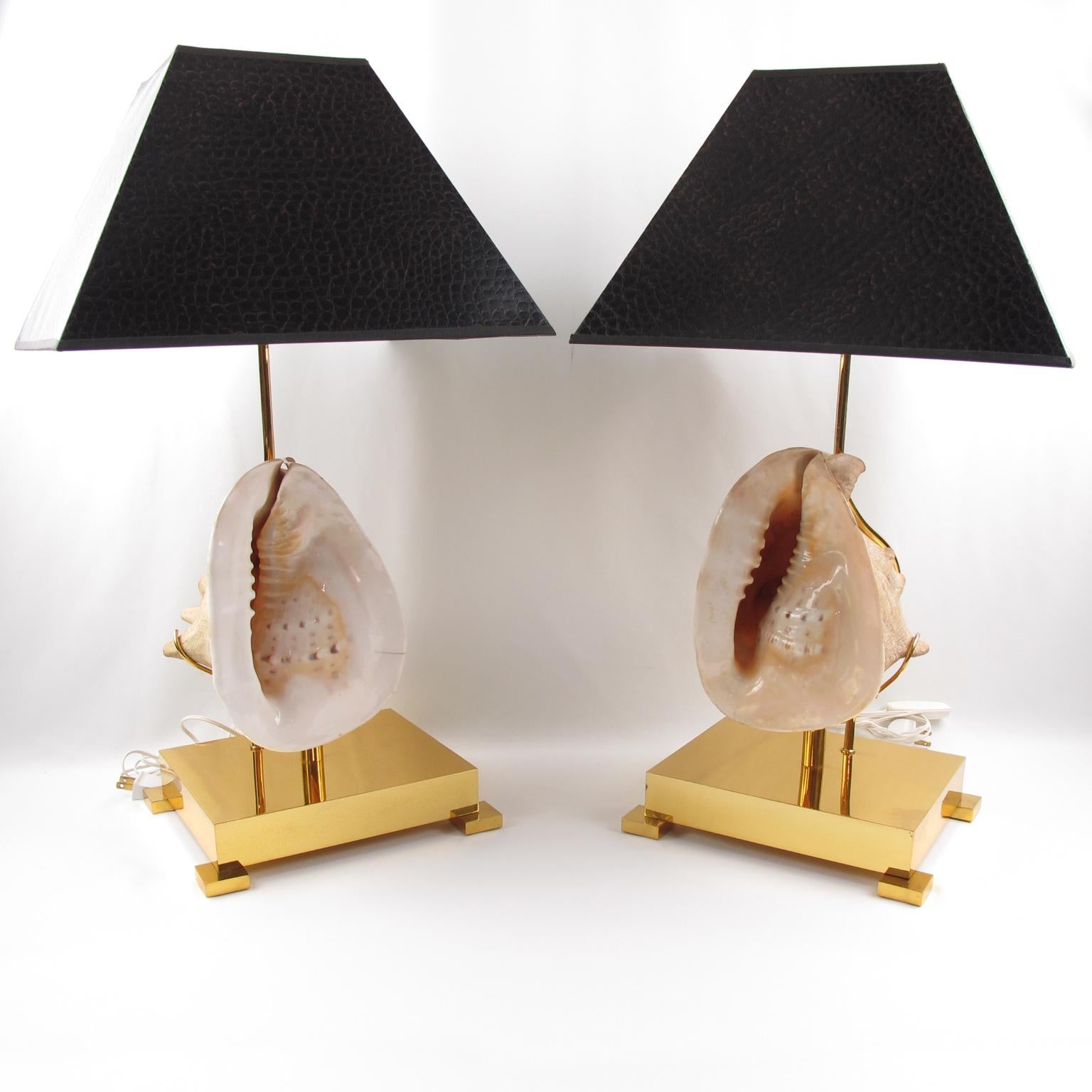 Willy Daro ha disegnato queste splendide lampade da tavolo moderniste. I pezzi sono stati realizzati in Francia intorno al 1970. Queste rare lampade vantano conchiglie giganti montate su una grande base quadrata in ottone lucido. Questa coppia di