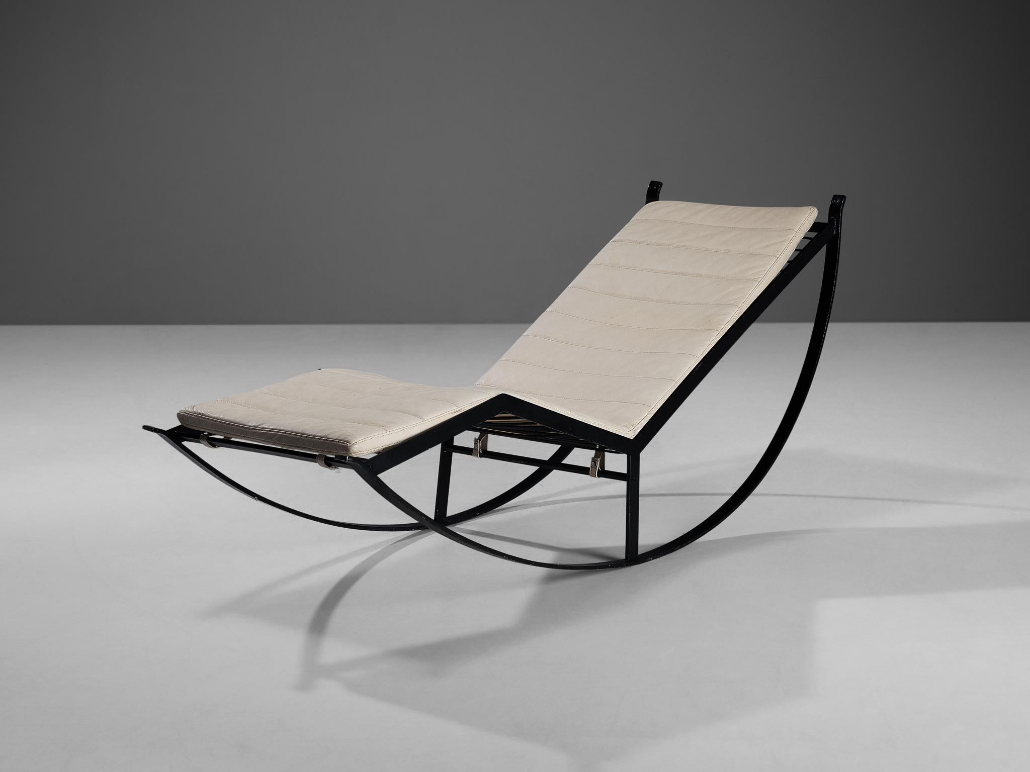 Attributed to Willy Rizzo, rocking chair, lacquered steel, leather, rubber rope, Italy, late 1960s

This unique rocking chair by Willy Rizzo hardly ever presents itself on the market. This piece was first seen in the living room of his own holiday