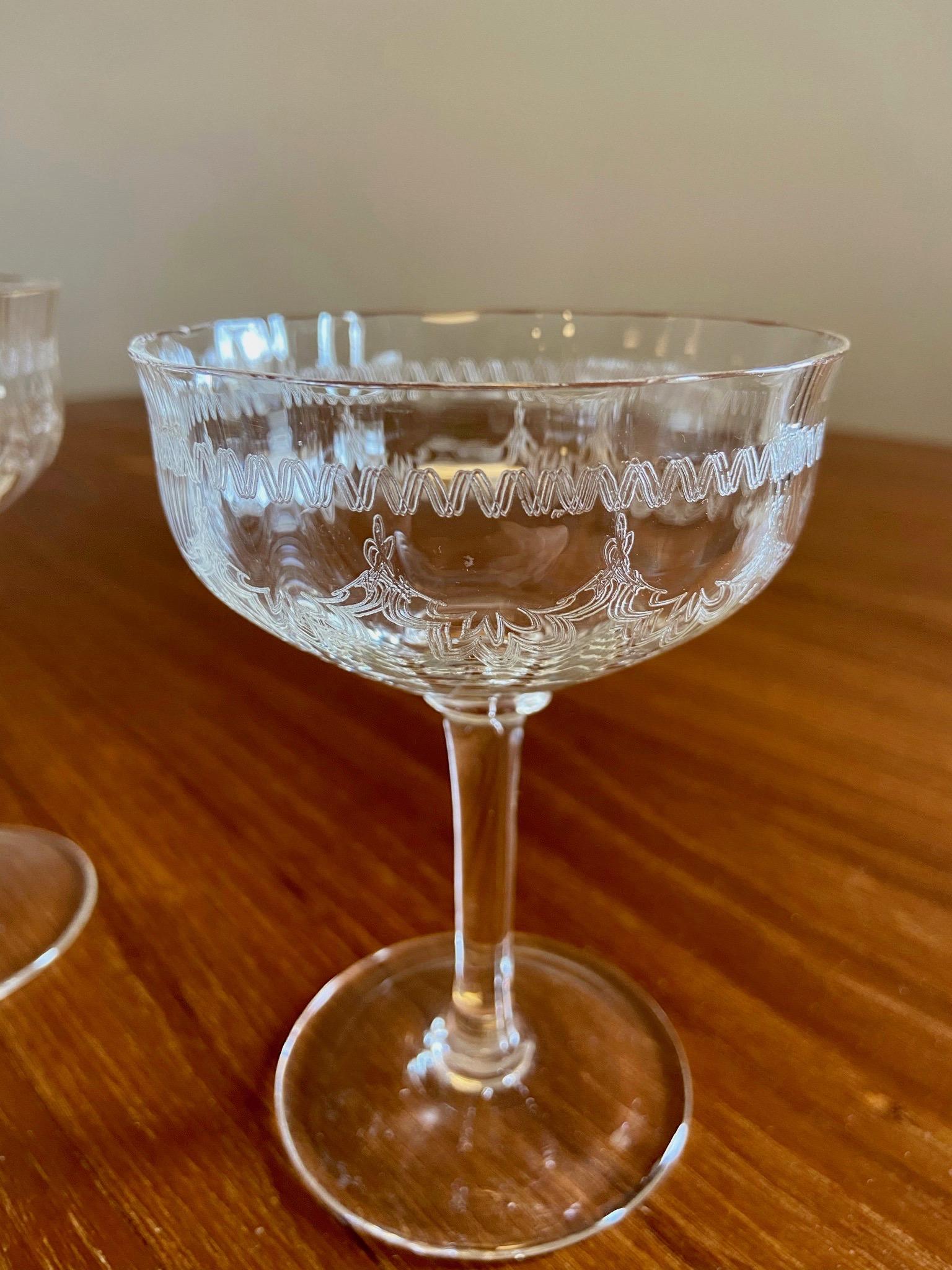 French Rare Wine and Champagne Crystal Glasses from 1900-1920, handmade, mouth-blown