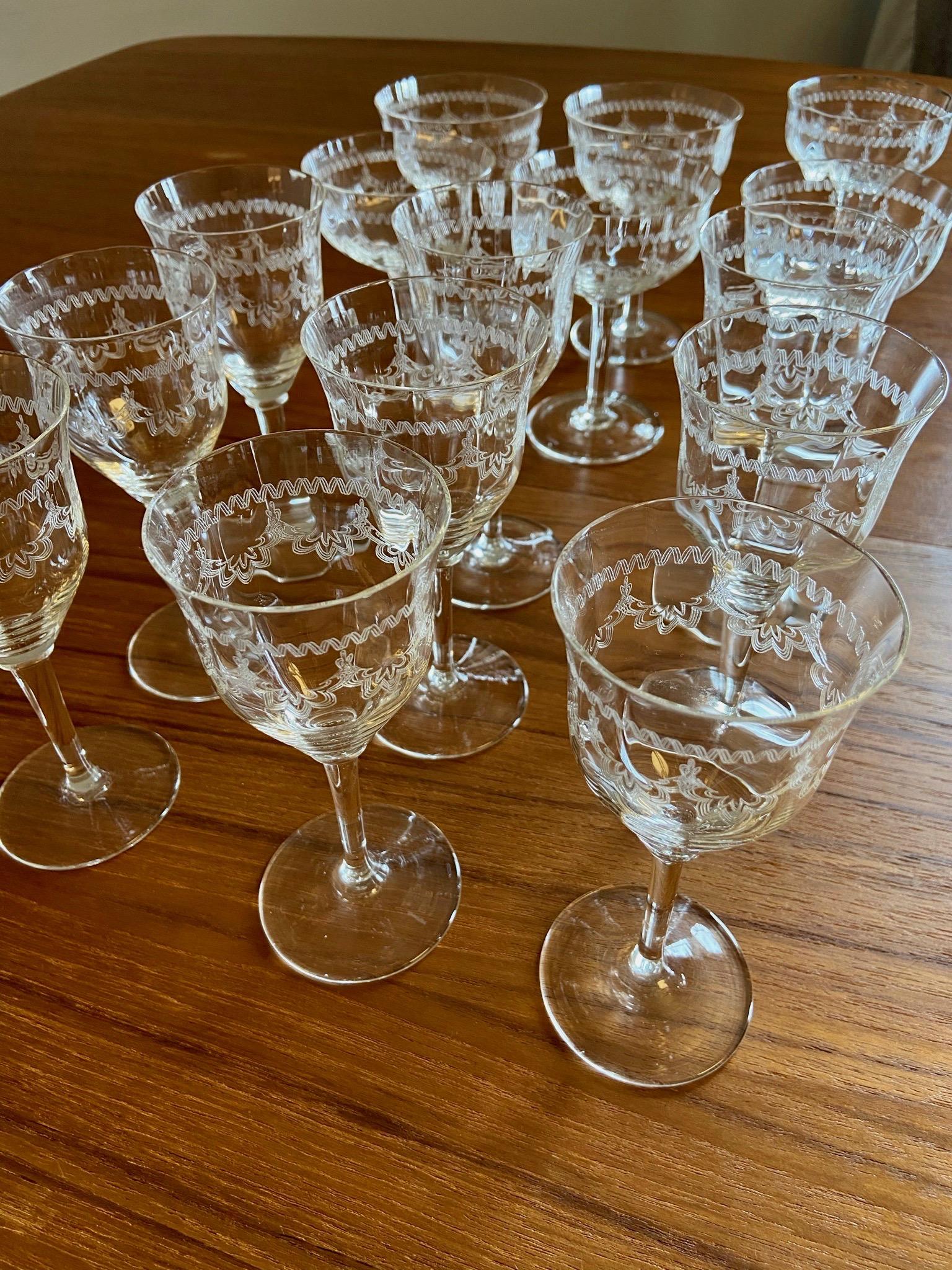 Rare Wine and Champagne Crystal Glasses from 1900-1920, handmade, mouth-blown In Good Condition In London, GB