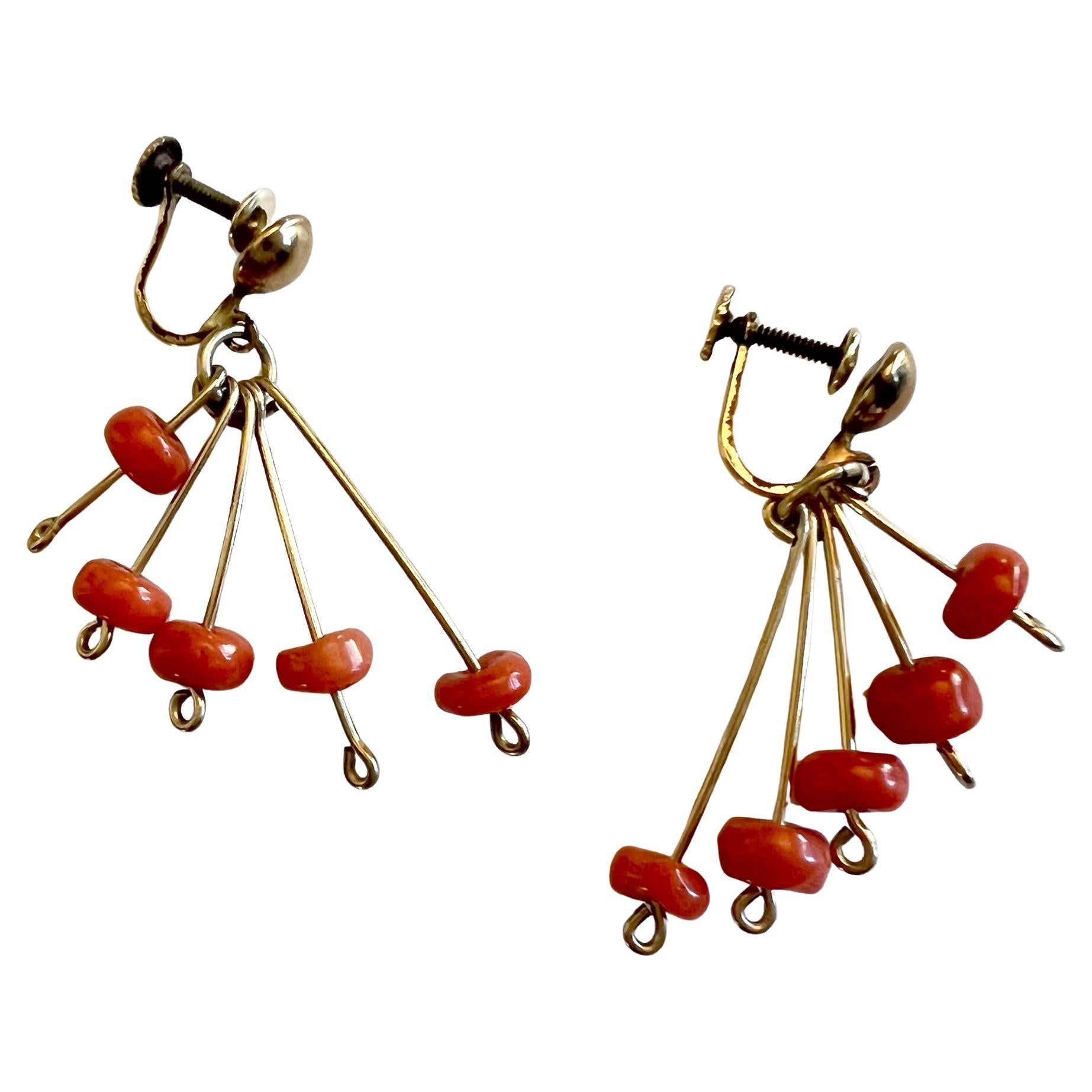 14k gold and coral earrings made by artist, weaver and jeweler, Winifred Clark Shaw. Screw back earrings measure 1 1/4