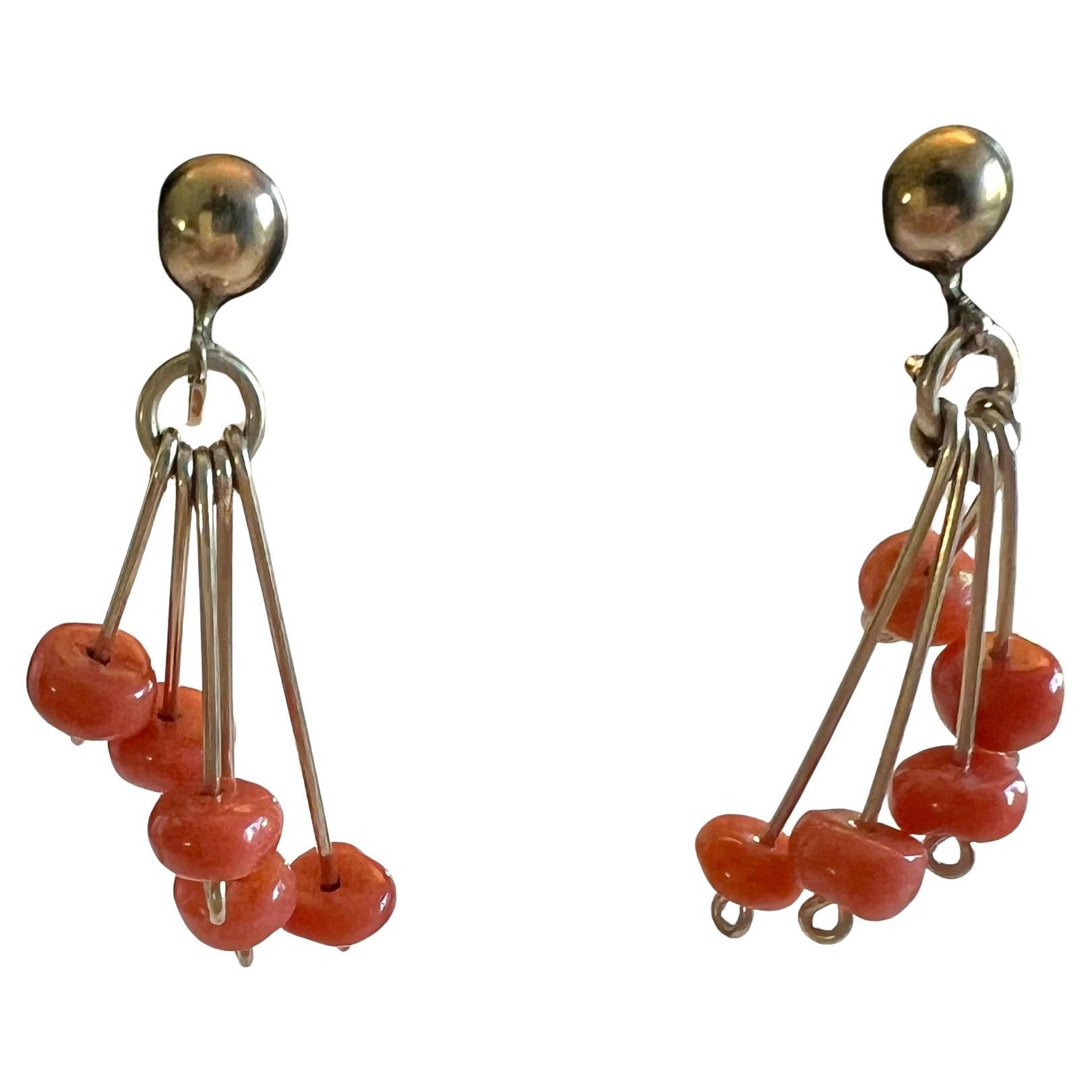 Modernist Rare Winifred Clark Shaw Kinetic 14K Gold and Coral Earrings 1950s For Sale