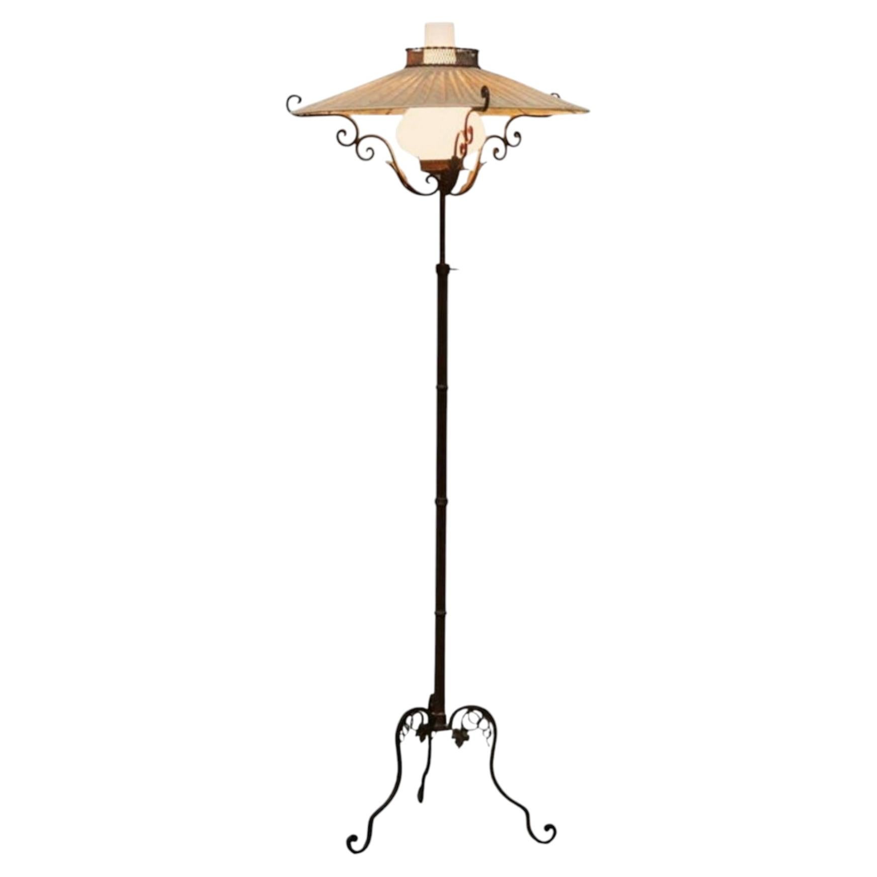 Rare Winkelman & Van der Bijl Floor Lamp in Wrought Iron and Opaline Glass 1920s