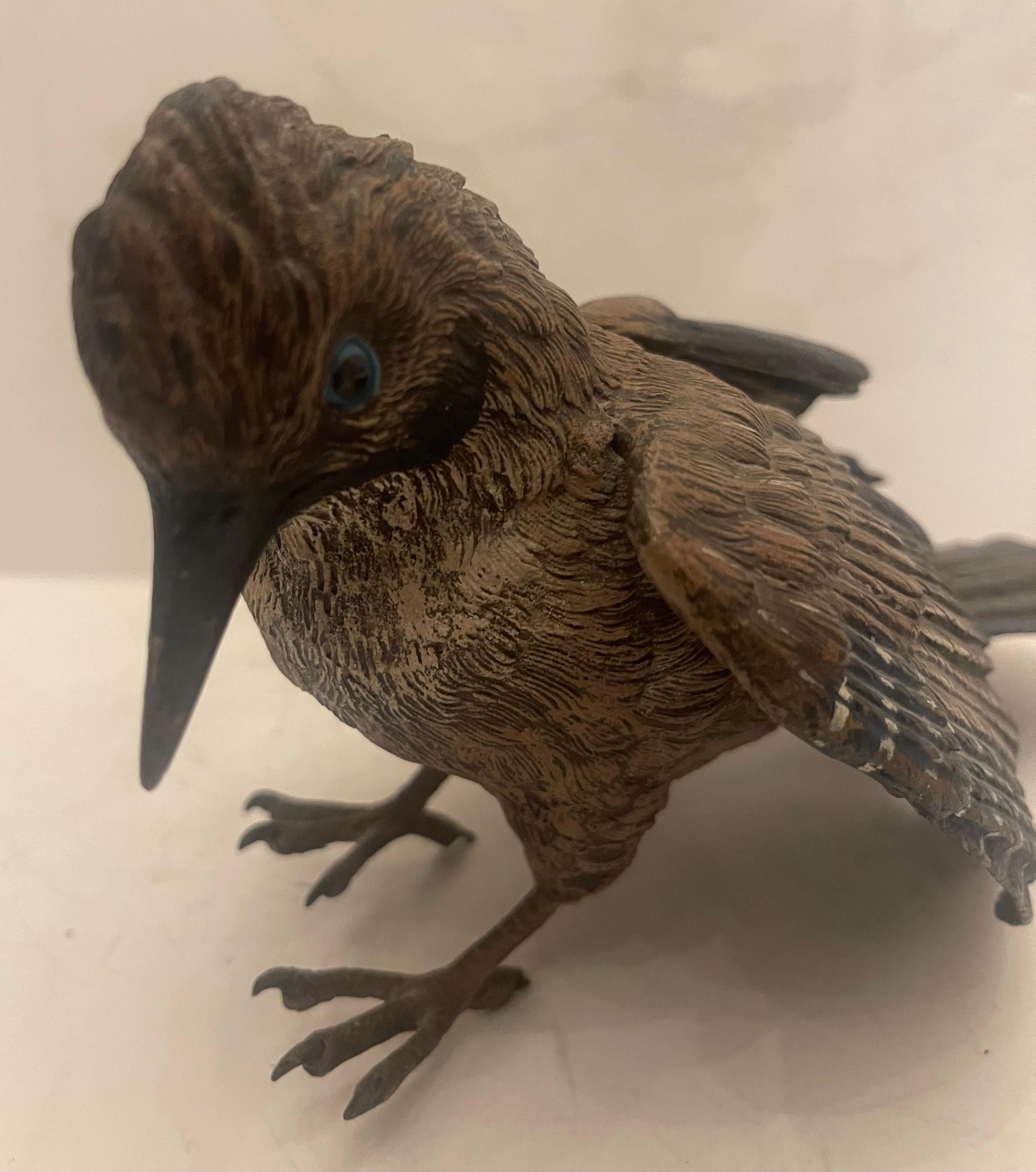 Rara y maravillosa escultura de Carl Kauba de bronce austriaco pintado en frío de gran tamaño de arrendajo azul Bronce en venta