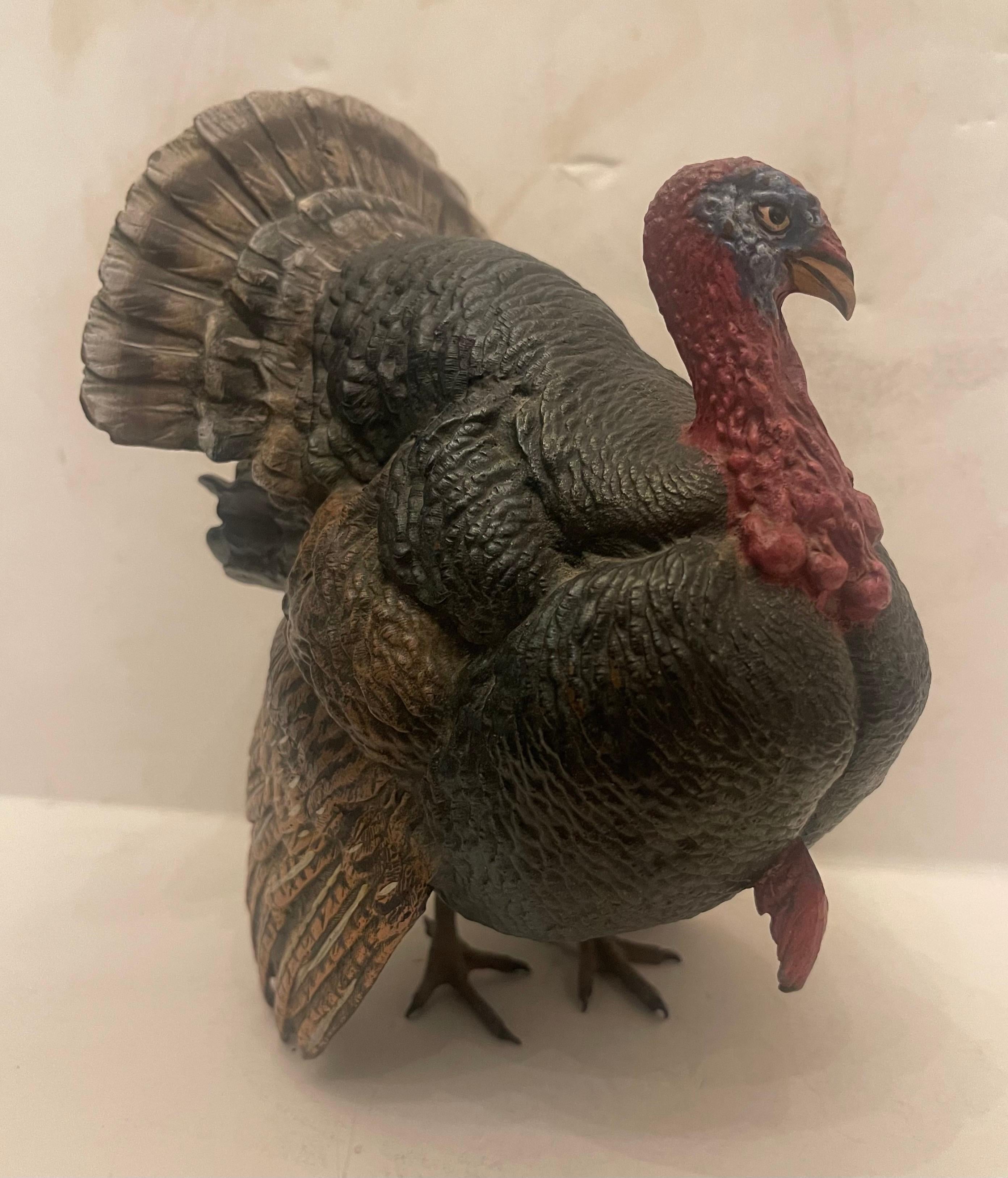 Rara y maravillosa escultura de pavo grande de bronce austriaco pintada en frío de Franz Bergman