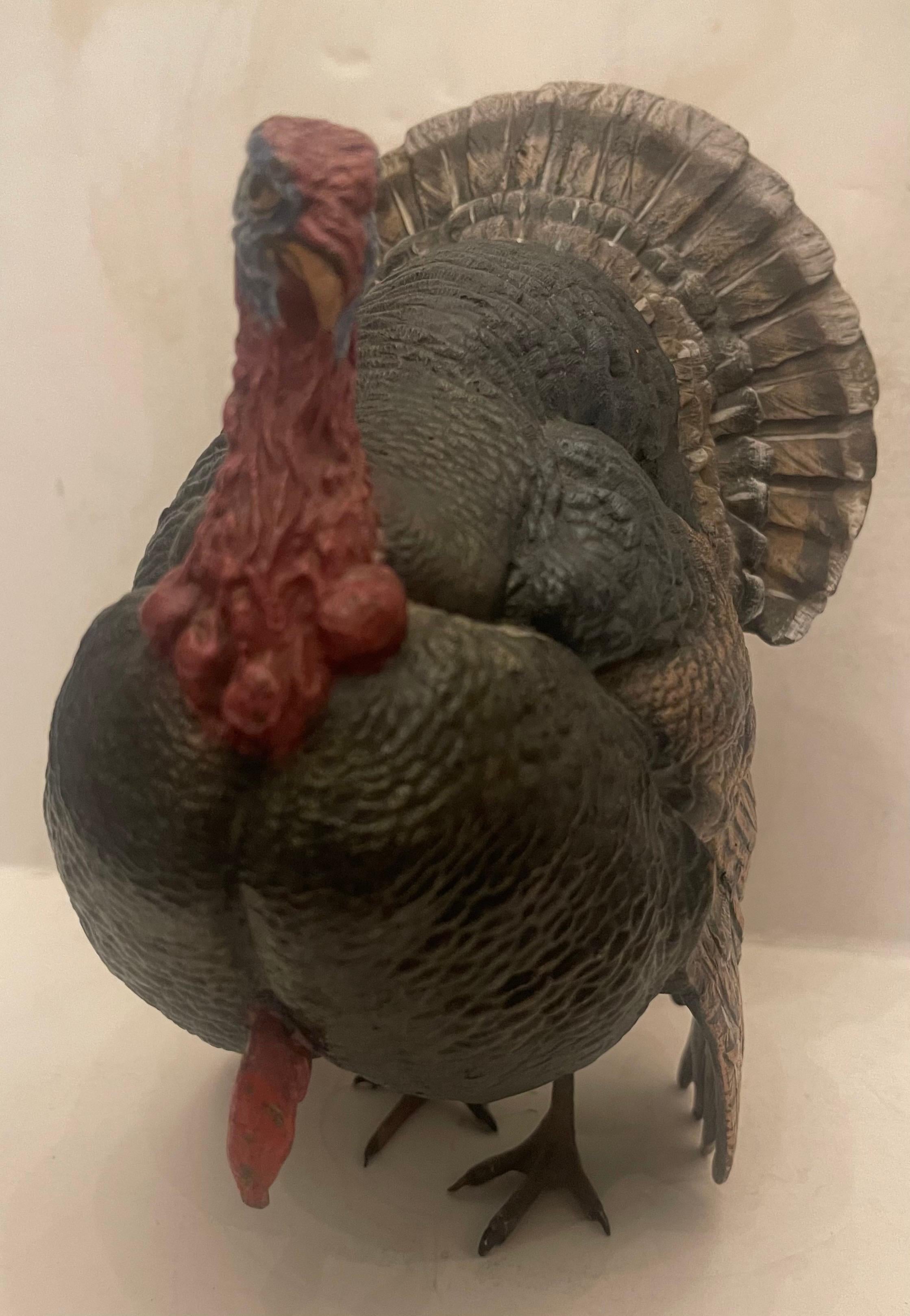 Rara Maravillosa Escultura de Pavo Grande de Bronce Austriaco Pintado en Frío de Franz Bergman Austríaco