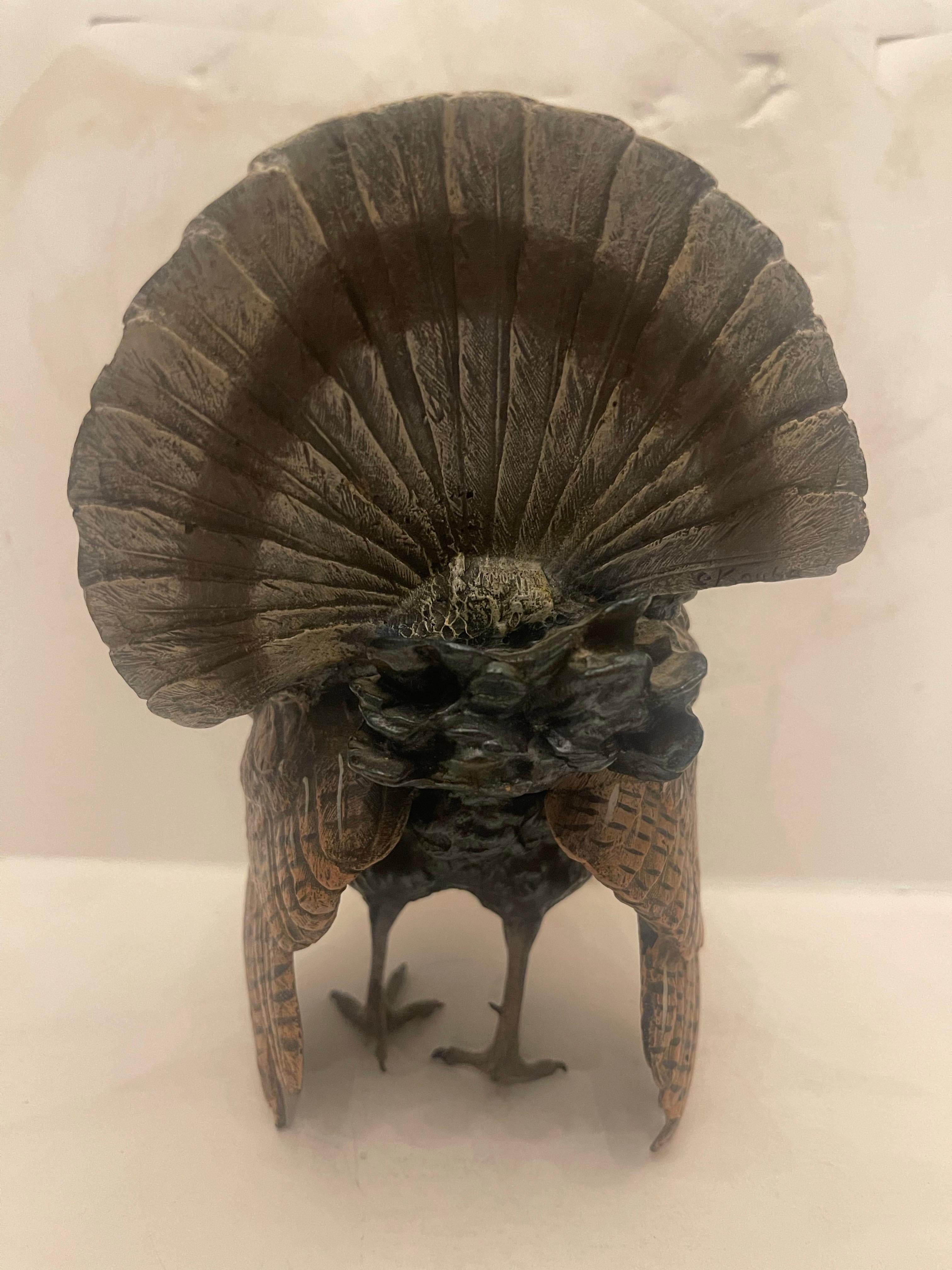 Rara Maravillosa Escultura de Pavo Grande de Bronce Austriaco Pintado en Frío de Franz Bergman en Bueno Estado en Roslyn, NY