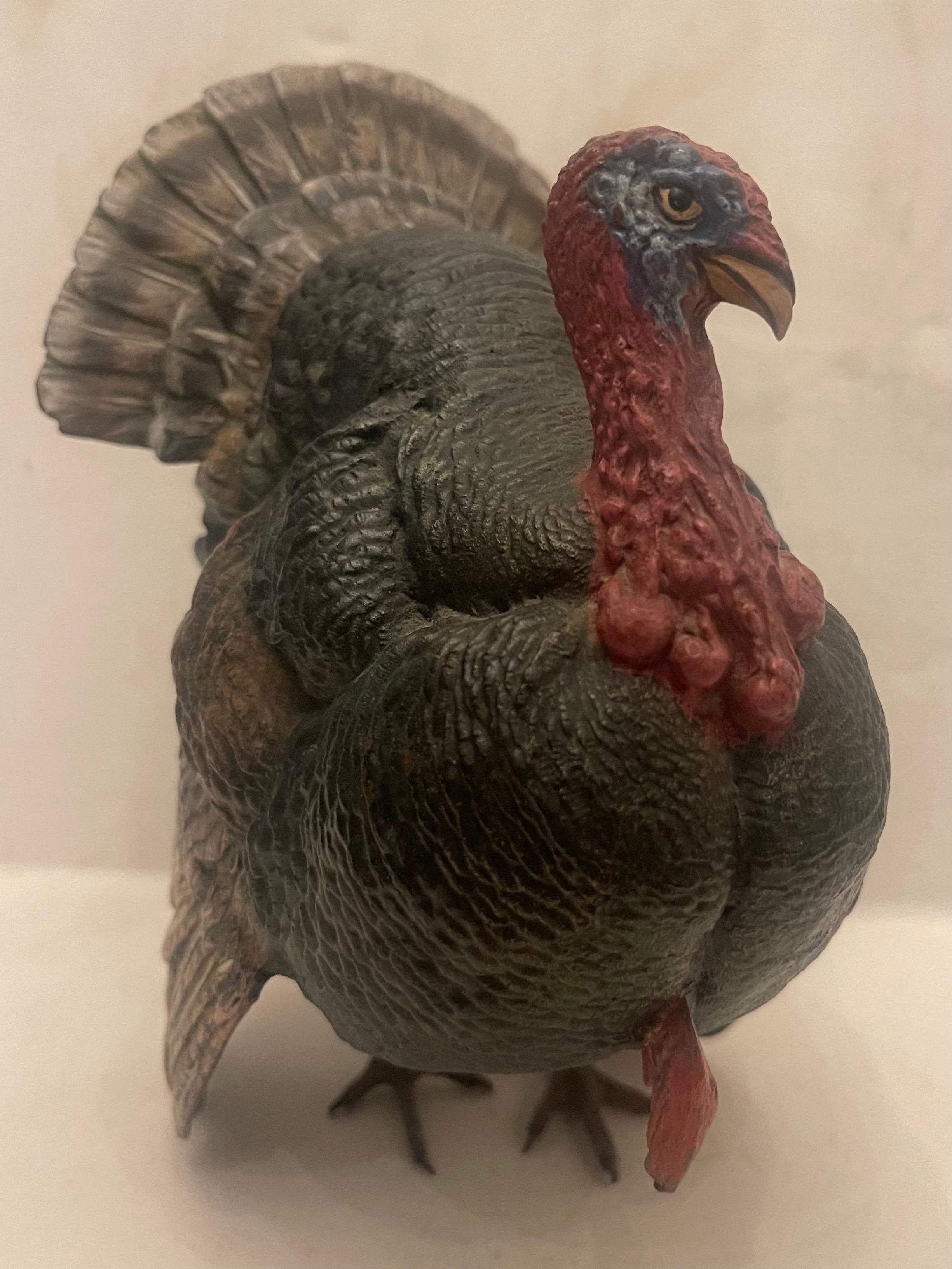 Rara Maravillosa Escultura de Pavo Grande de Bronce Austriaco Pintado en Frío de Franz Bergman siglo XX