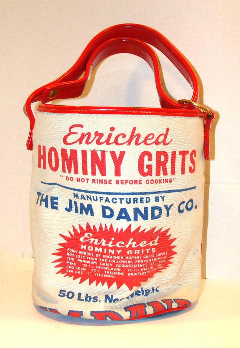 Rare and Wonderful Jim Dandy Hominy Grits Bucket Shoulder Bag For Sale at 1stDibs