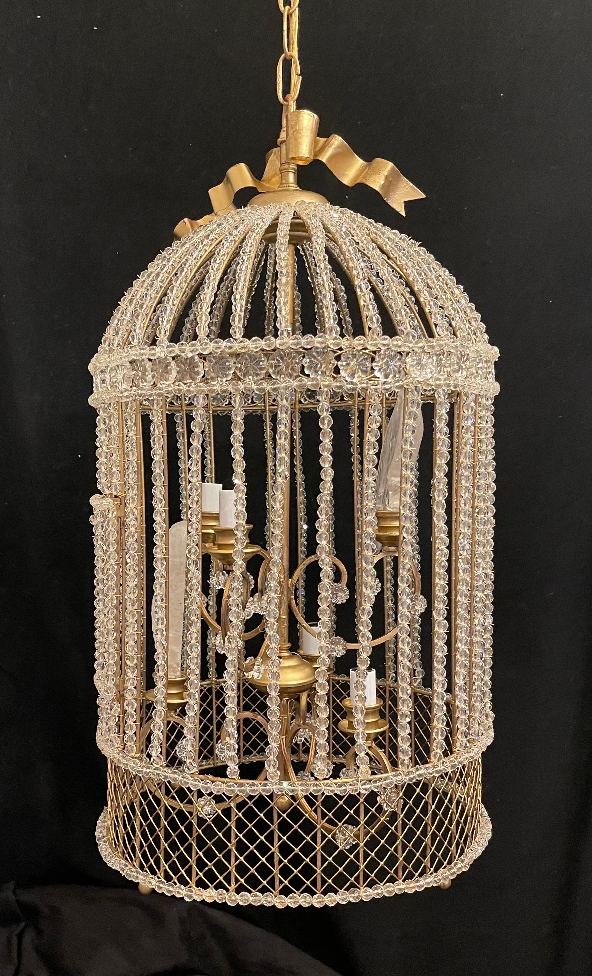 Chinoiserie Rare & Wonderful Maison Baguès Beaded Rock Crystal Parrot Bird Cage Chandelier 