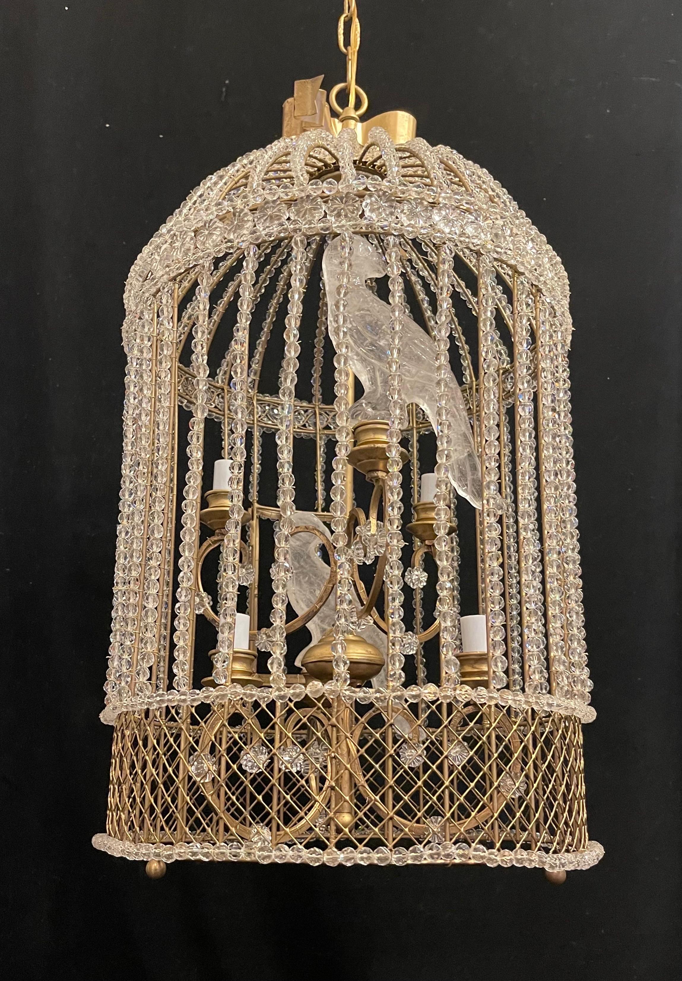 French Rare & Wonderful Maison Baguès Beaded Rock Crystal Parrot Bird Cage Chandelier 