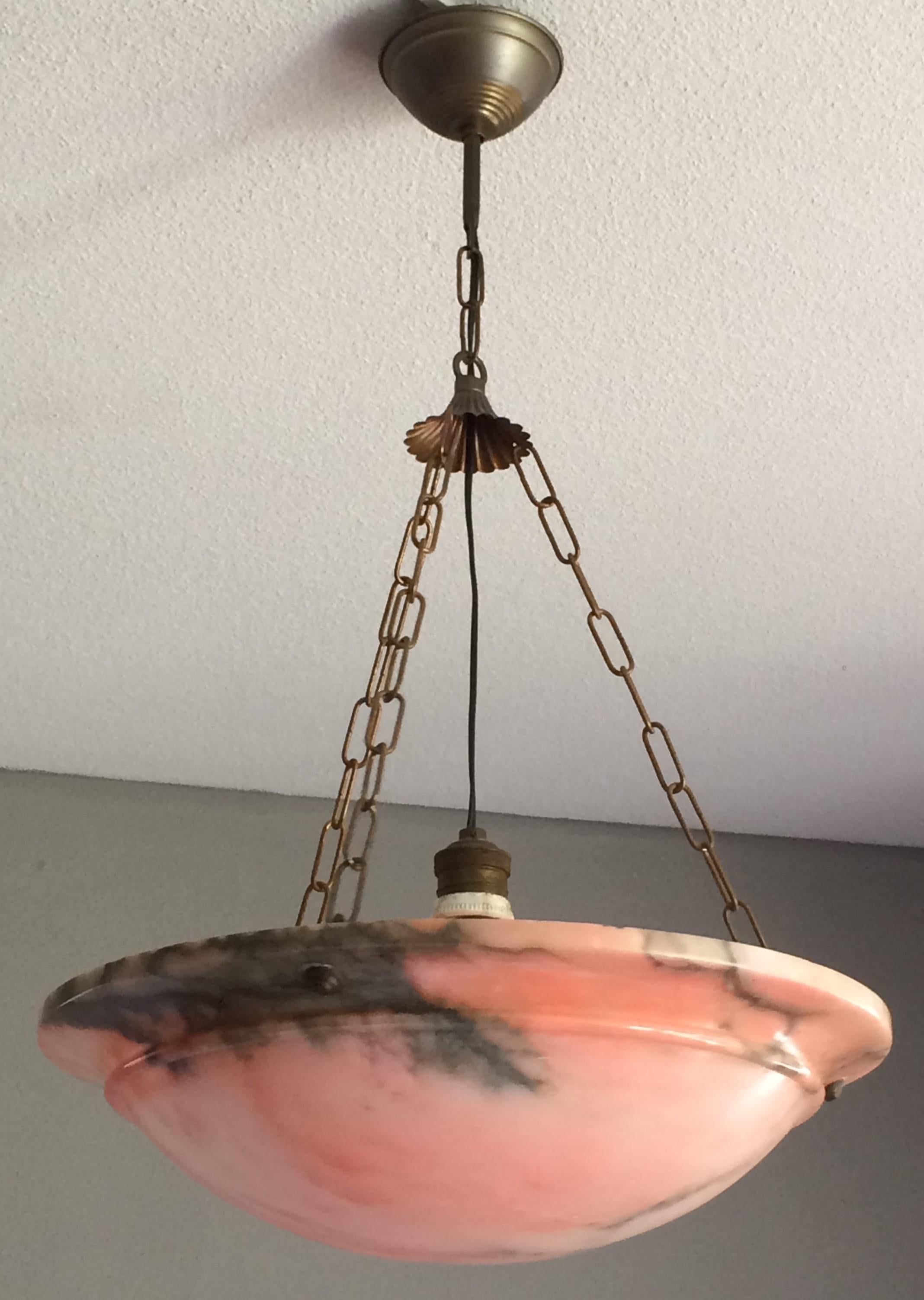 Rare & Wonderful Pink Alabaster Art Deco Pendant/Light Fixture with Brass Chain 2