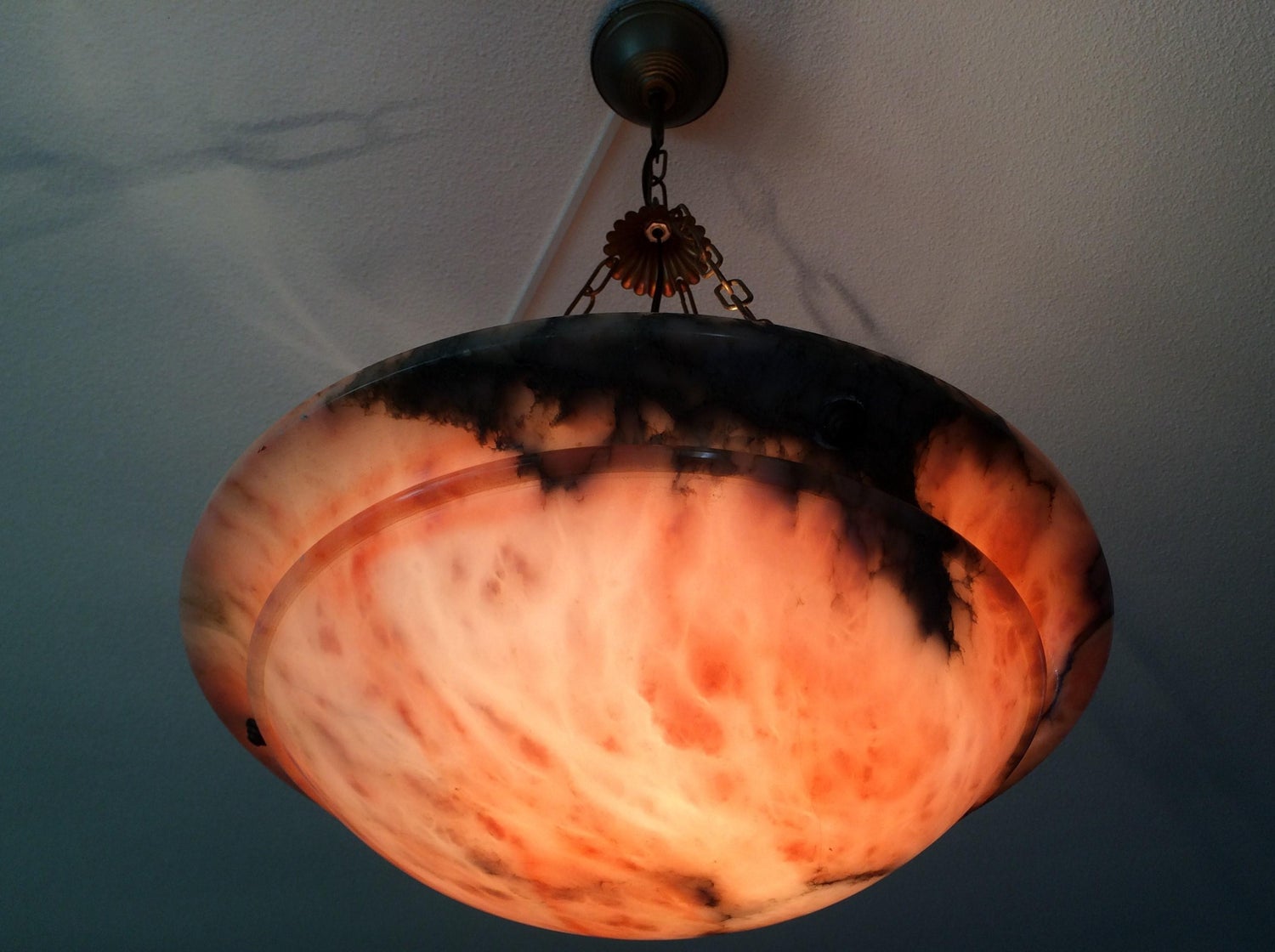 Rare Wonderful Pink Alabaster Art Deco Pendant Light Fixture With Brass Chain