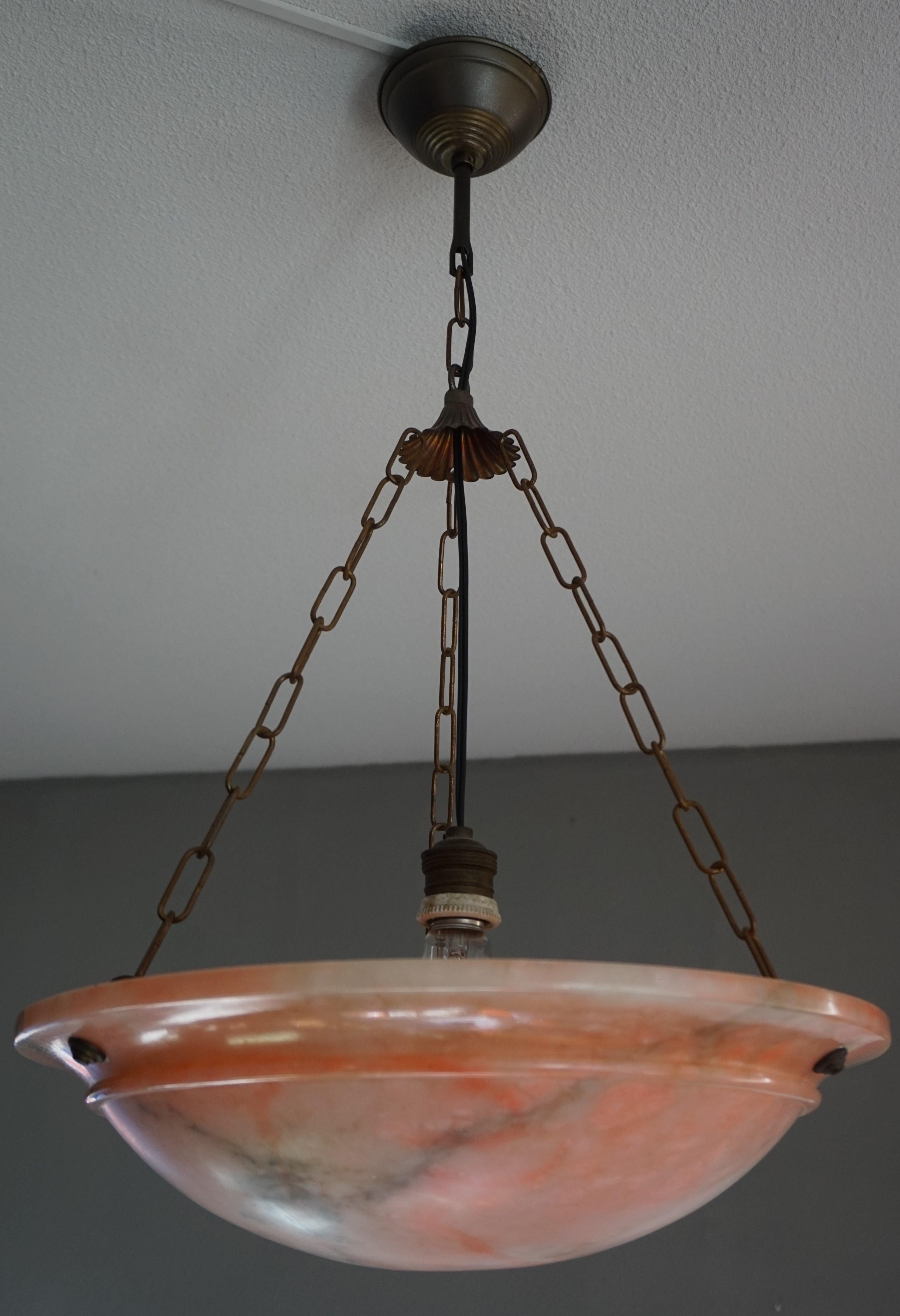 Rare & Wonderful Pink Alabaster Art Deco Pendant/Light Fixture with Brass Chain In Excellent Condition In Lisse, NL