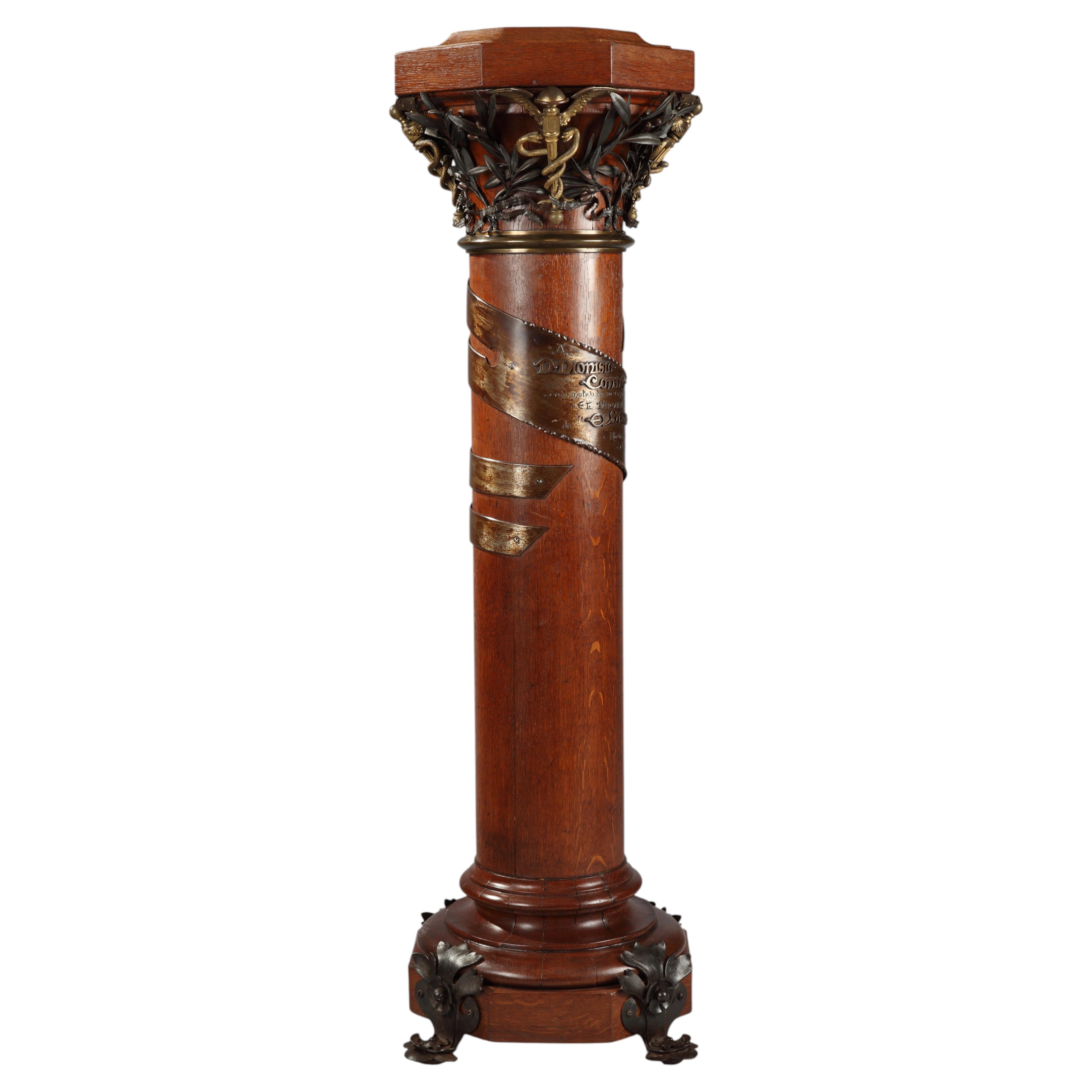 Rare Wood, Patinated Iron and Gilded Bronze Dedicated Column, 1896 For Sale