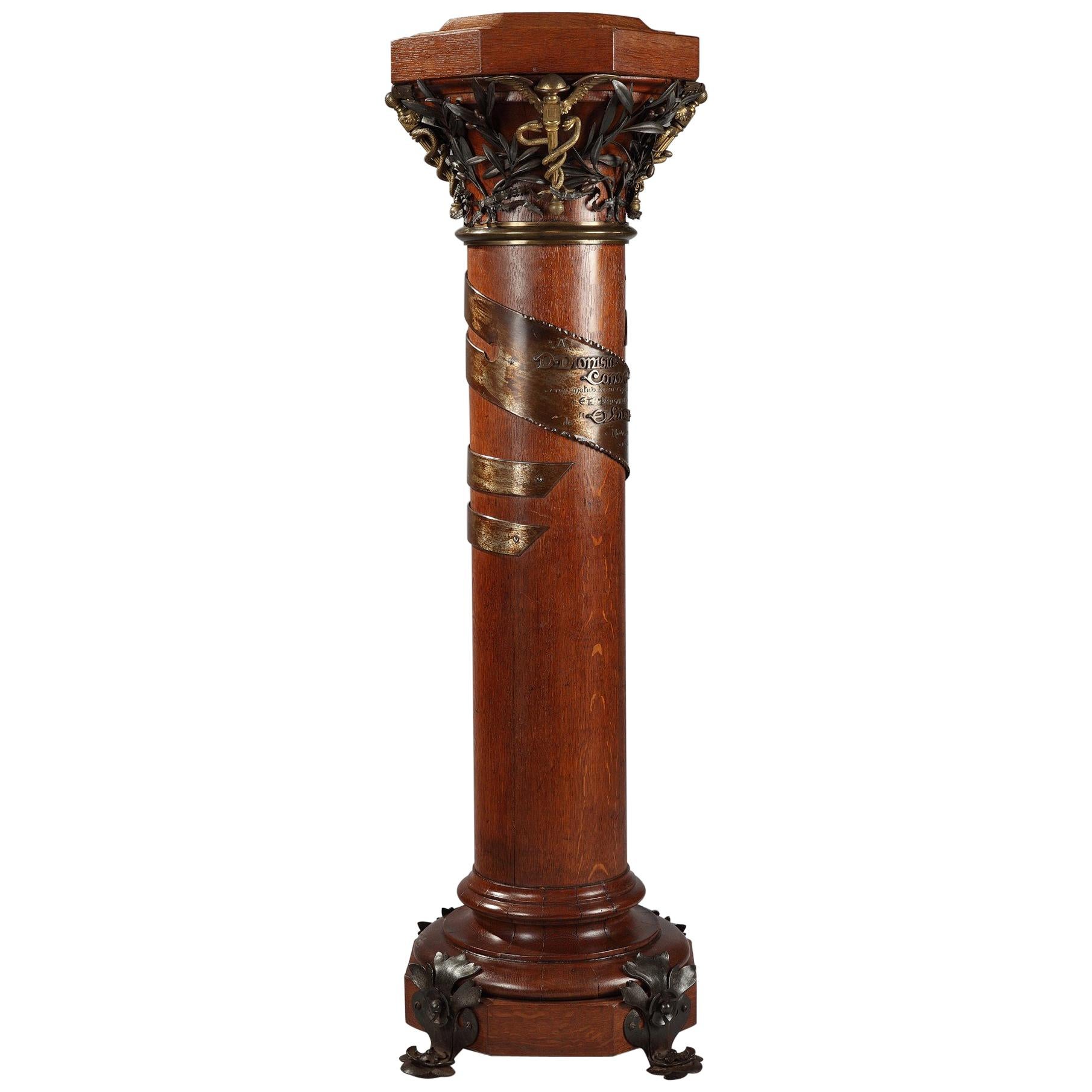 Rare Wood, Patinated Iron and Gilded Bronze Dedicated Column, 1896 For Sale