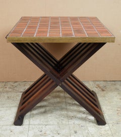 Rare Wood X-Form Folding Tile Top Table by Edward Wormley for Dunbar