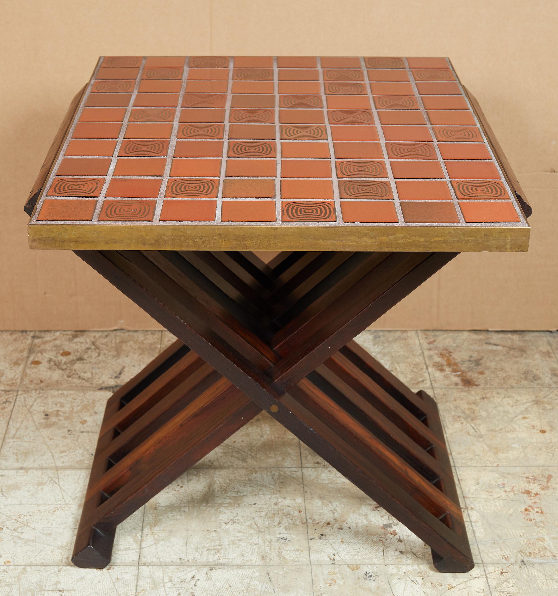 American Rare Wood X-Form Folding Tile Top Table by Edward Wormley for Dunbar