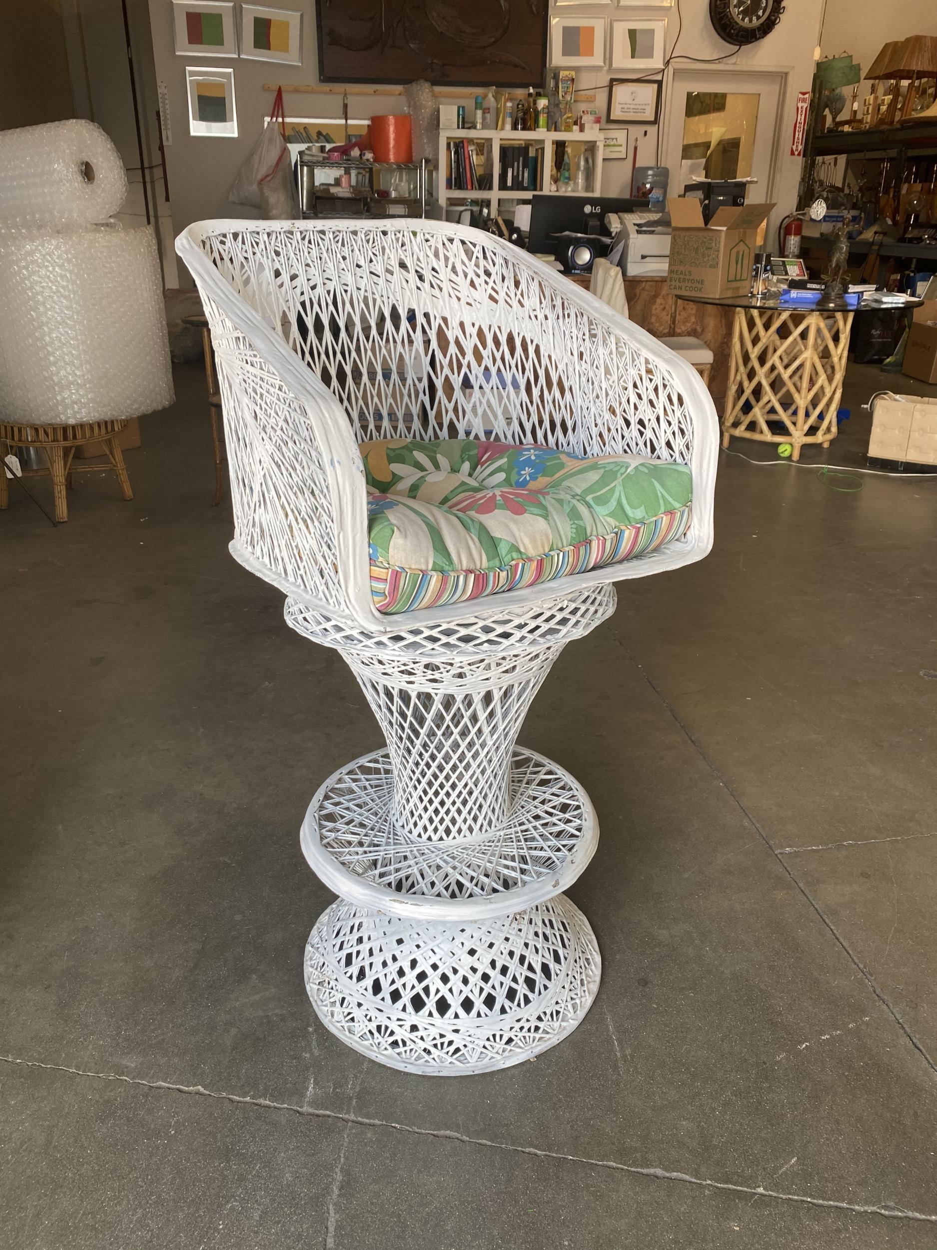 Woodard spun fiberglass bar stool set with original floral cushions.