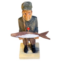 Rare Wooden Carving Human Sculptures A Fisher Man Antique Decorative Figurine