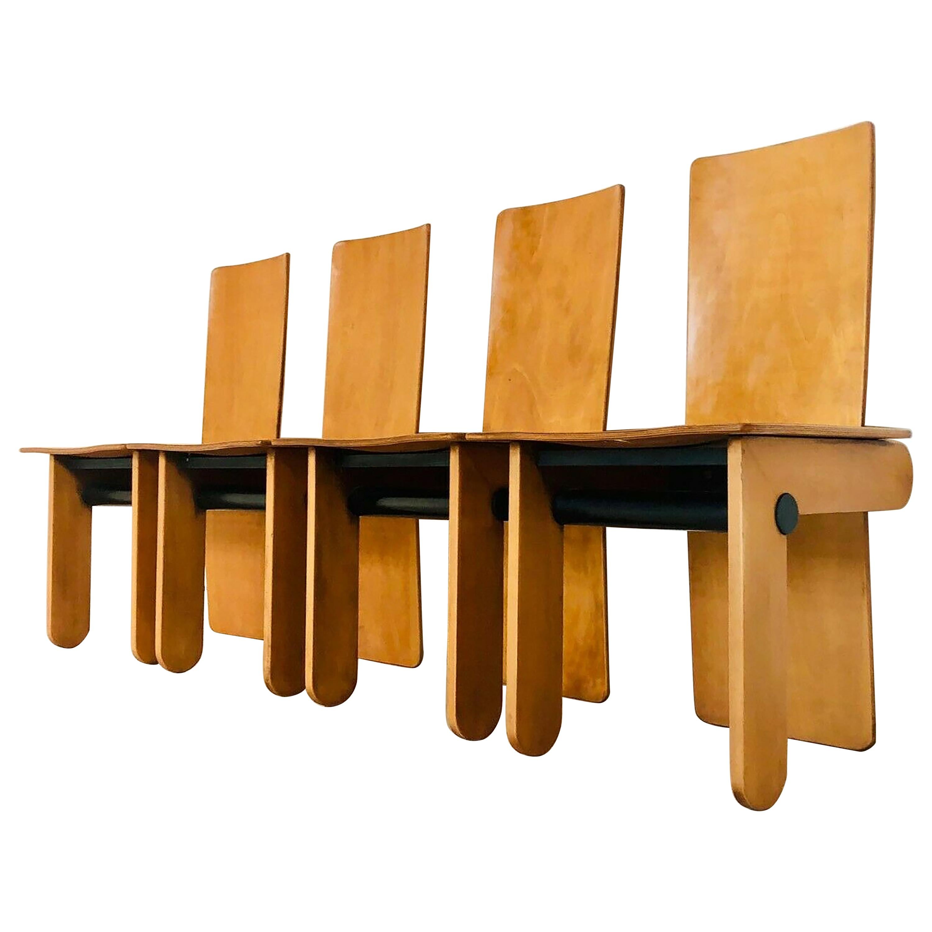 Rare Wooden Chairs, Set of 4, by Carlo Scarpa for Gavina, 1970s