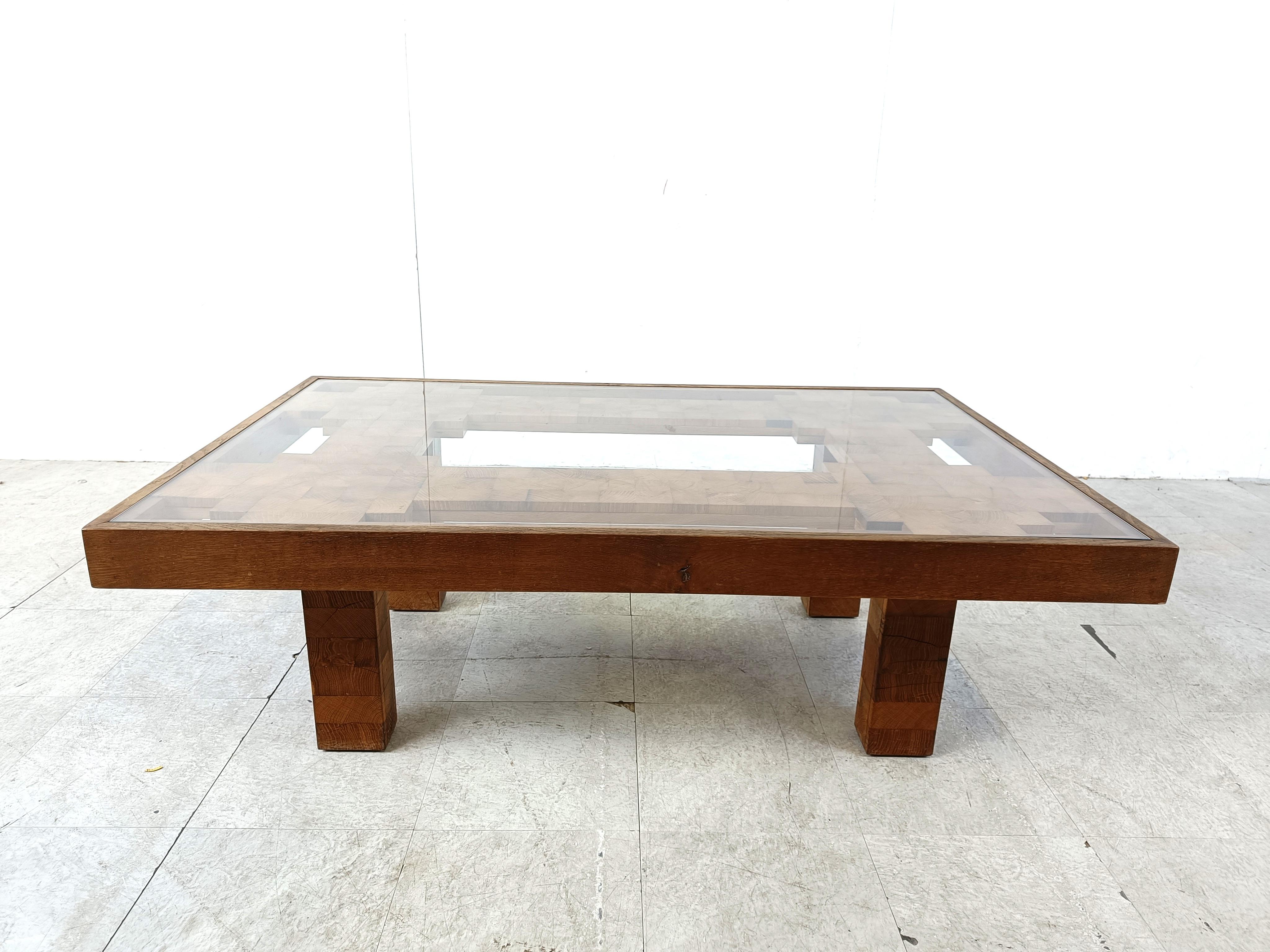 Belgian Rare wooden mosaic coffee table, 1960s For Sale