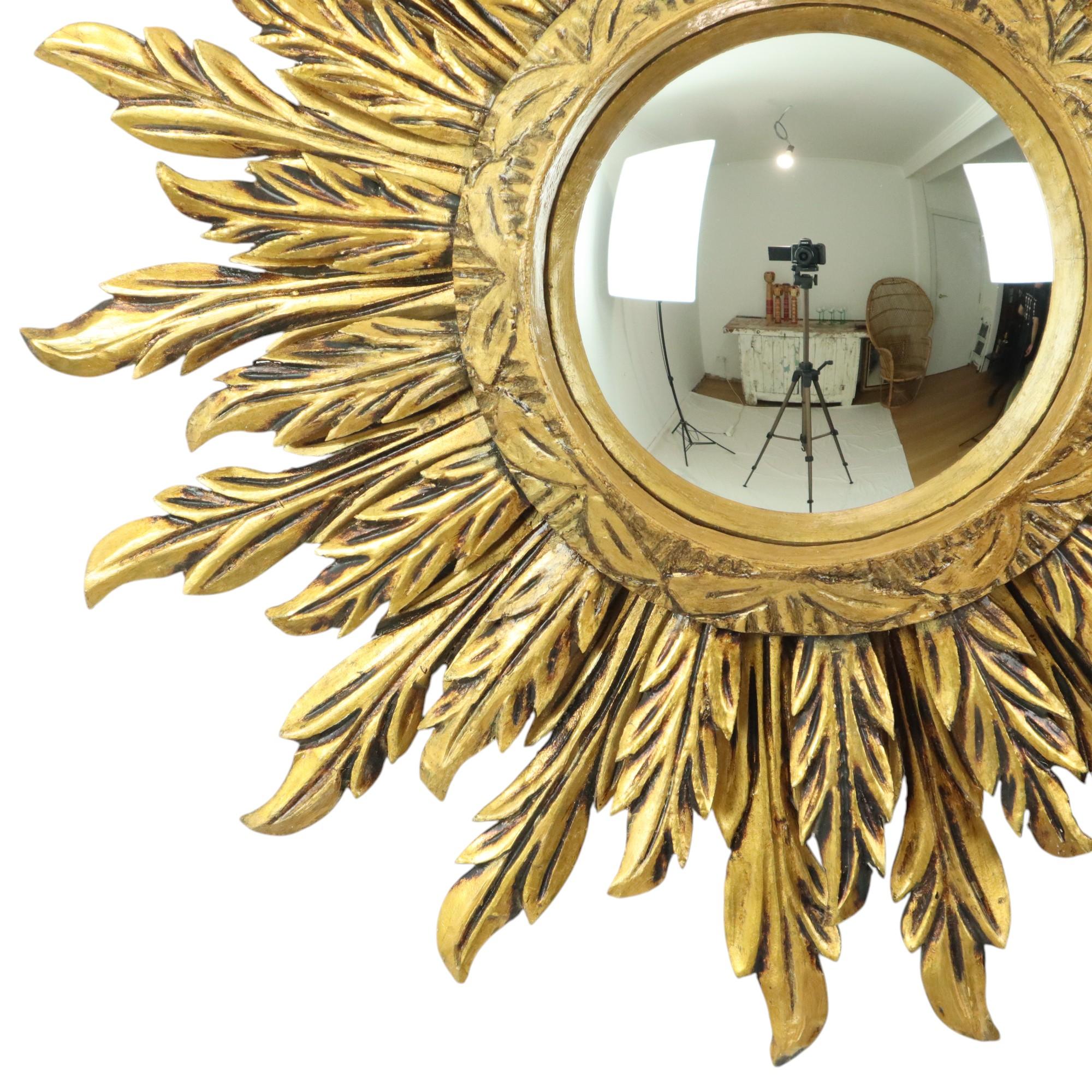 Mid-Century Modern Rare Wooden Sun Mirror Sunburst XL Gold Convex 71cm