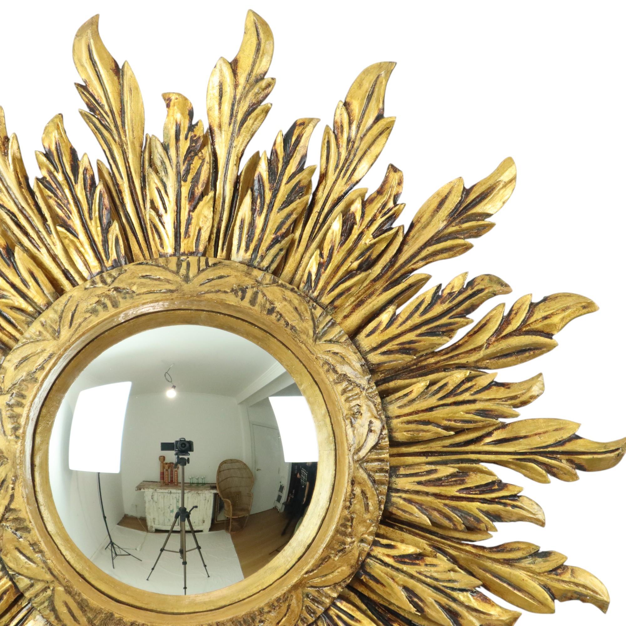 French Rare Wooden Sun Mirror Sunburst XL Gold Convex 71cm