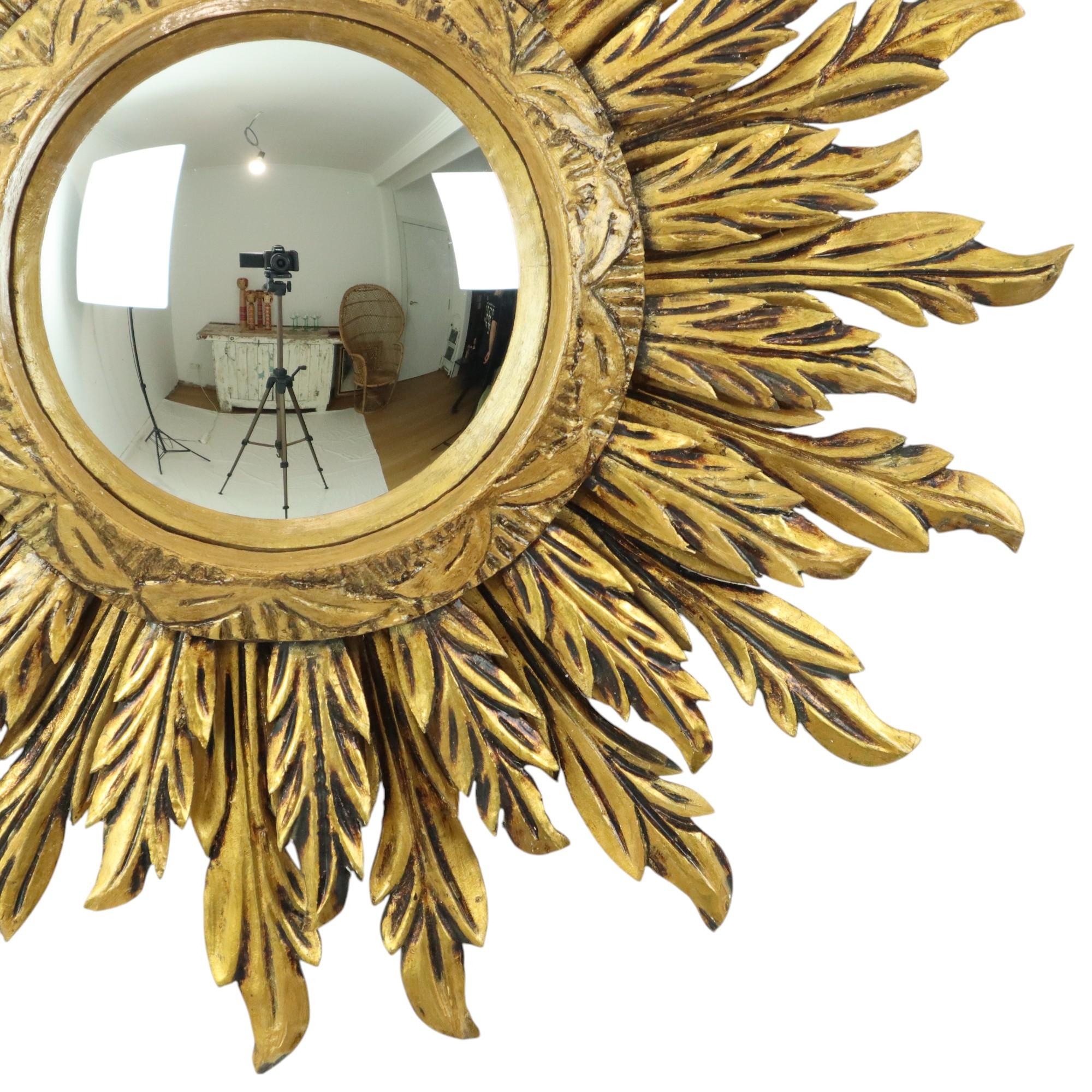 20th Century Rare Wooden Sun Mirror Sunburst XL Gold Convex 71cm