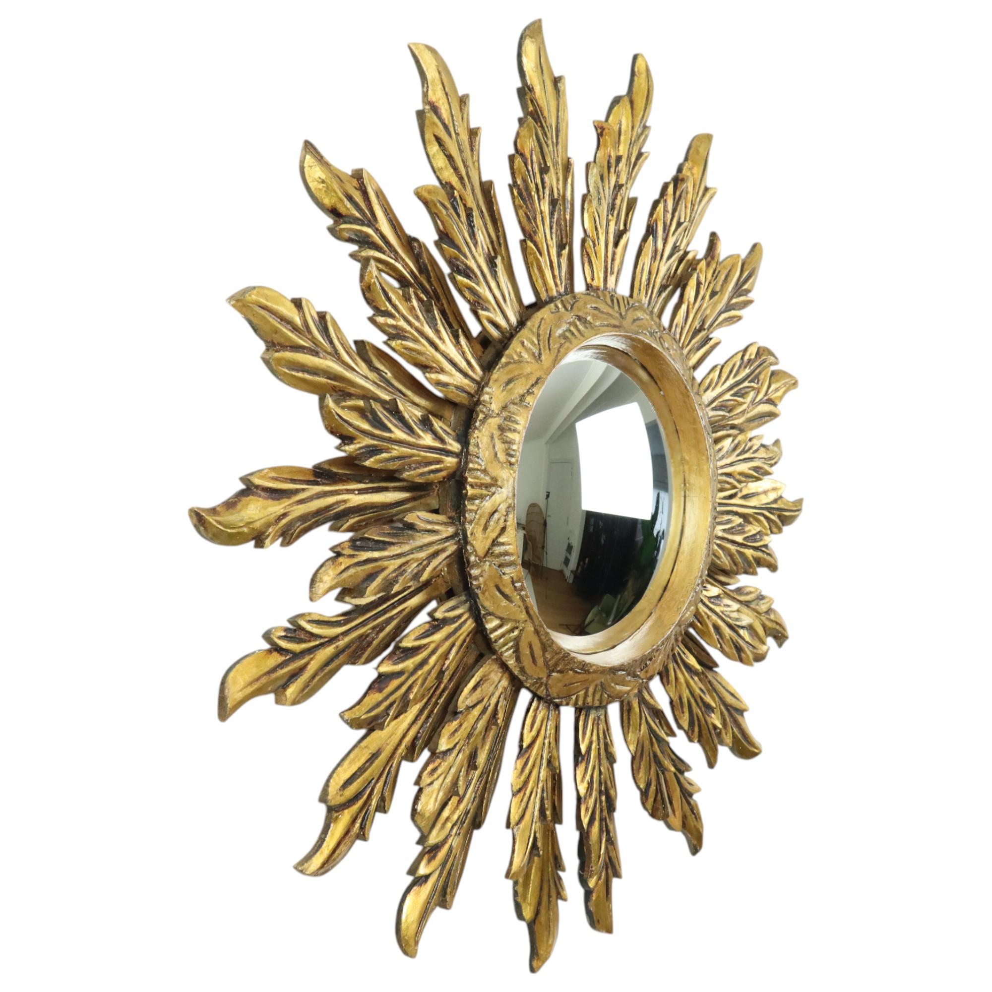 Glass Rare Wooden Sun Mirror Sunburst XL Gold Convex 71cm