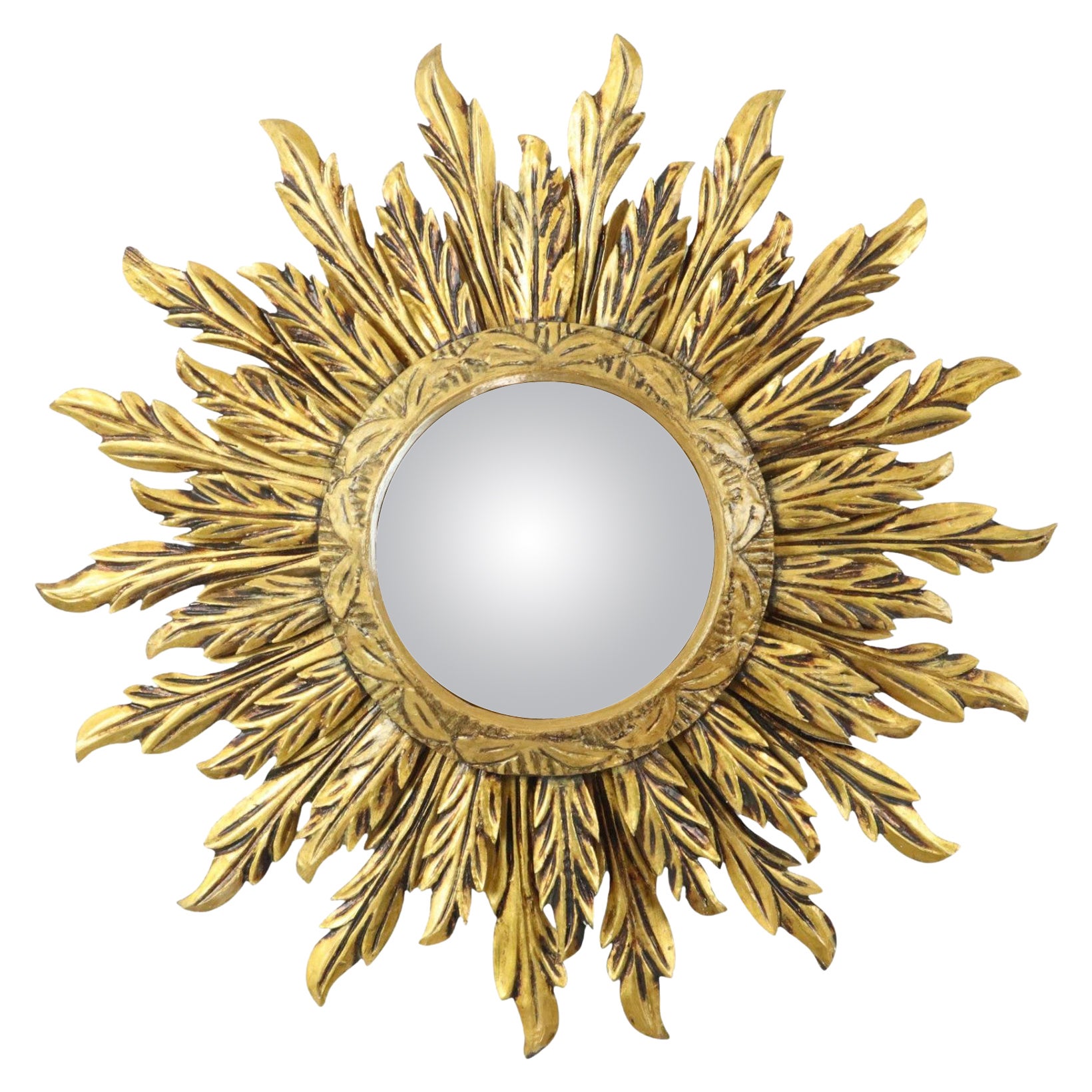 Rare Wooden Sun Mirror Sunburst XL Gold Convex 71cm